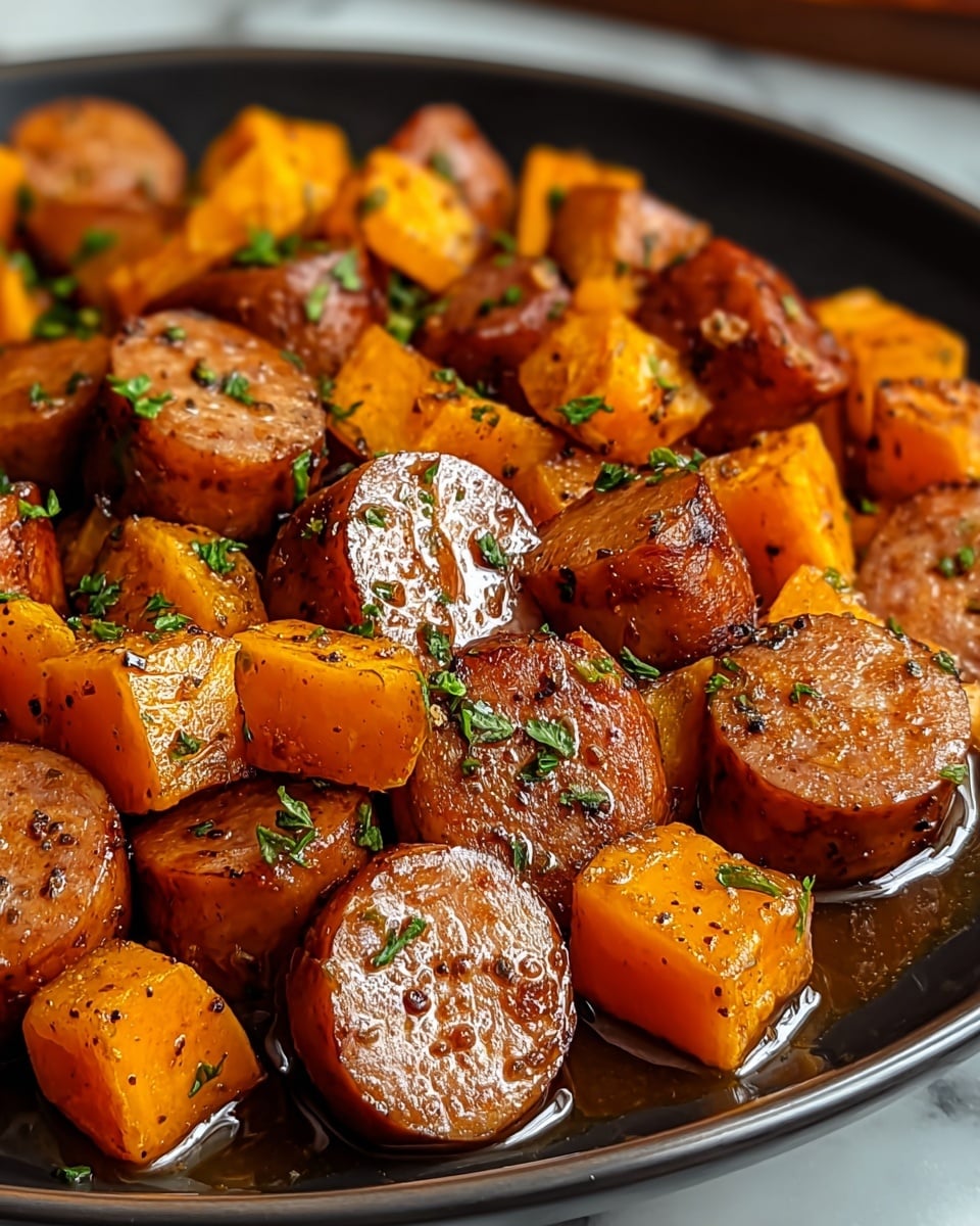 A close-up view of a dish with two main layers: round, brown sausage slices and orange cubed sweet potatoes. The sausage slices have a slightly shiny, grilled texture with some dark specks, sitting evenly mixed with the bright, glossy sweet potato cubes. Both layers are sprinkled with fine, chopped green herbs that add small splashes of green color. The ingredients are set on a dark plate with a shallow pool of glossy sauce underneath, all placed on a white marbled surface. photo taken with an iphone --ar 4:5 --v 7