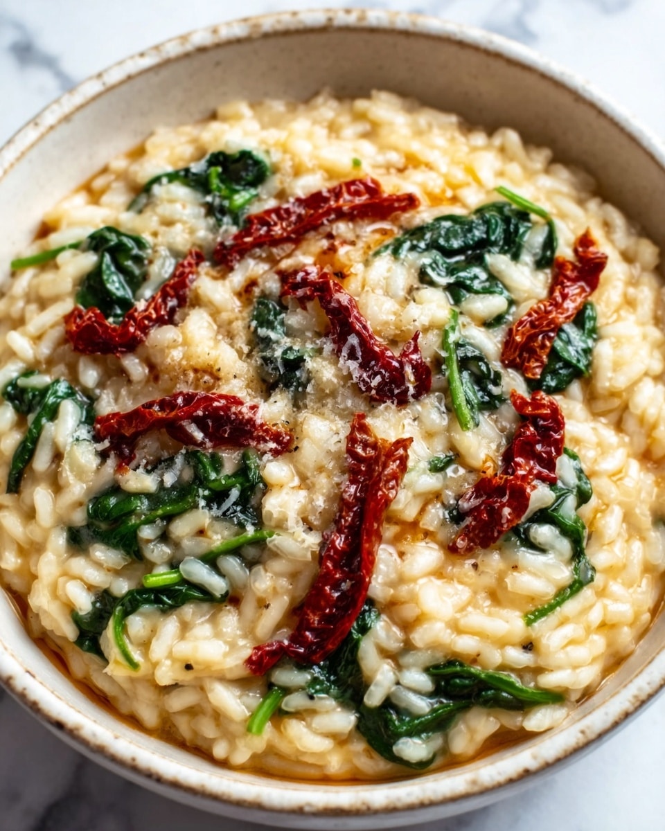 A white bowl filled with creamy risotto showing a soft, glossy texture with plump, tender rice grains. On top, scattered dark green spinach leaves add a fresh contrast, alongside deep red, slightly wrinkled sun-dried tomato strips. The dish is sprinkled lightly with grated cheese, adding a fine, powdery layer. The background is a white marbled surface. Photo taken with an iphone --ar 4:5 --v 7