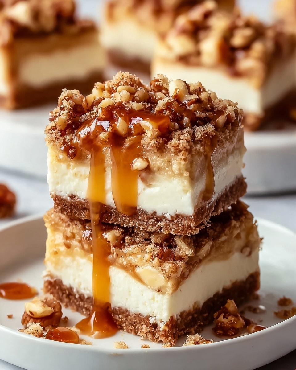 Two square pieces of cheesecake are stacked on a white plate with a white marbled background. Each cheesecake has three layers: a crumbly brown crust at the bottom, a thick white creamy middle layer, and a topping layer of chopped nuts mixed with crumbly bits. Golden caramel sauce is generously poured over the top and drips down the sides, adding a glossy shine. In the background, more cheesecake pieces are blurred but still visible, emphasizing the rich toppings and smooth textures. Photo taken with an iphone --ar 4:5 --v 7