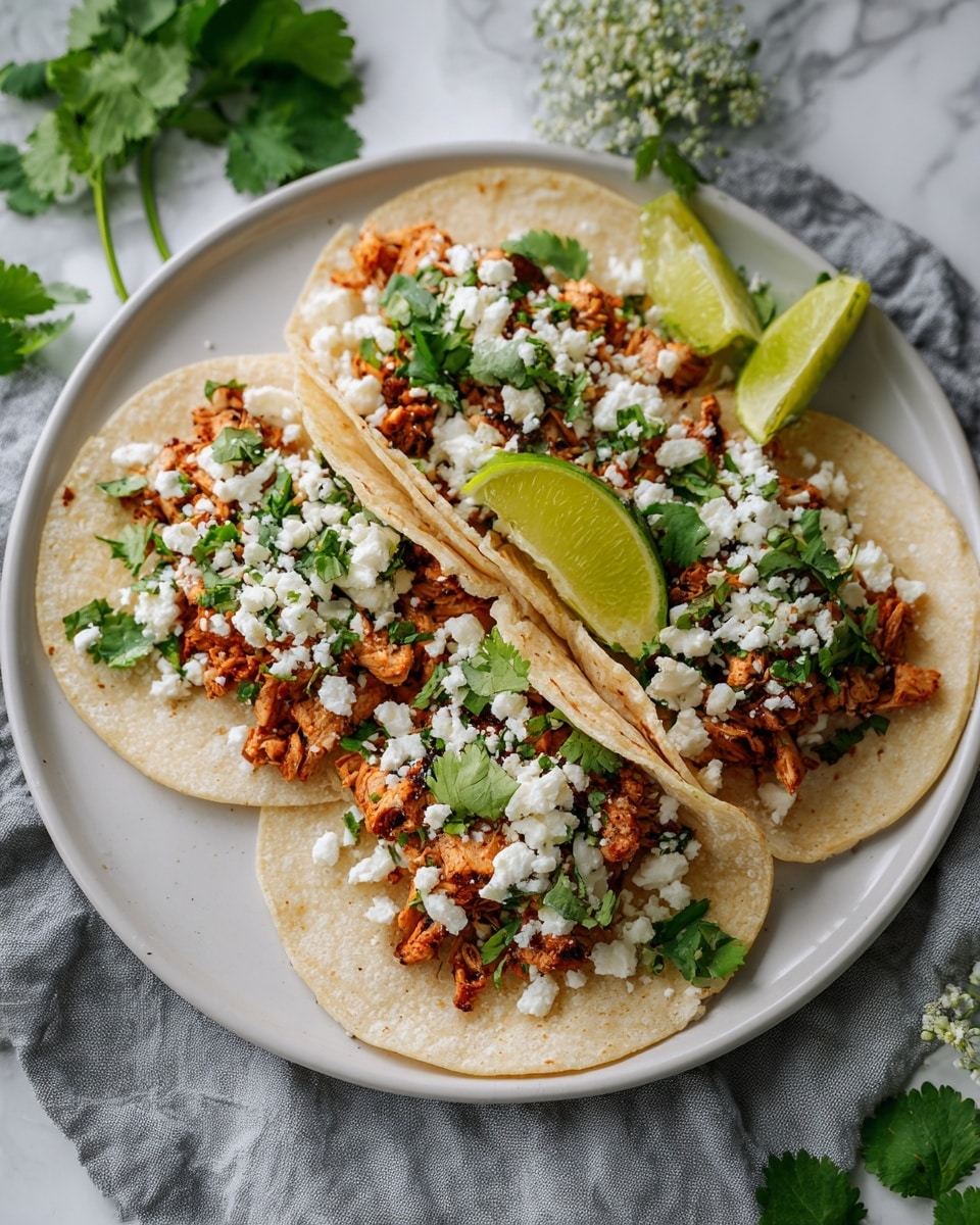 Three soft white corn tortillas are placed closely on a round white plate, each holding several layers of fillings. The base layer is made of small, chunky pieces of cooked brown chicken with crispy edges, topped with coarse white cheese crumbles scattered unevenly. Next are small pieces of white onion spread across the chicken, accompanied by fresh green cilantro leaves. Each taco is garnished with a quarter slice of bright yellow-green lime placed on top. The plate sits on a soft, gray textured cloth over a white marbled surface with some green leaves and tiny flowers in the background. photo taken with an iphone --ar 4:5 --v 7