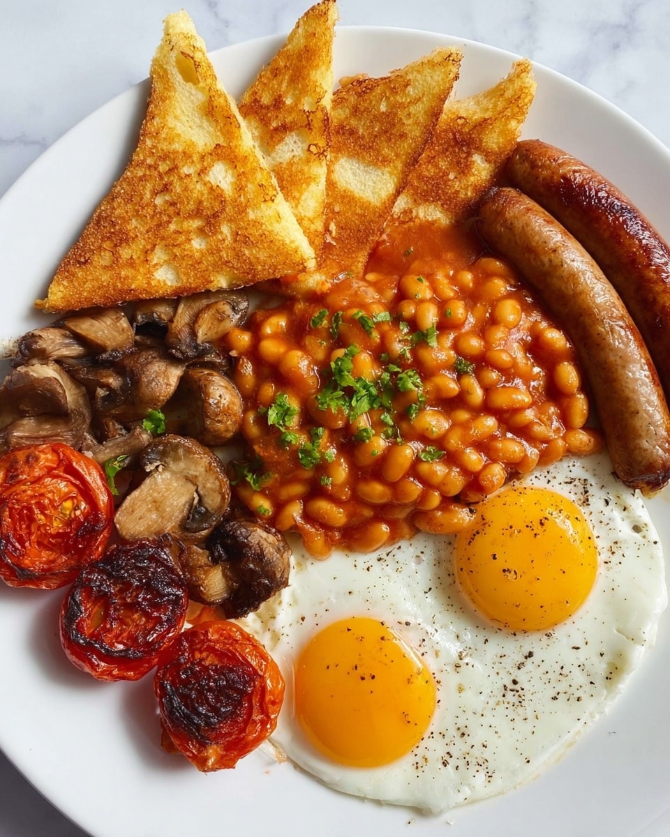 A white plate holds a classic breakfast with several layers. On the top right, two sunny-side-up eggs with bright yellow yolks sit on a white, slightly textured surface, sprinkled with black pepper. Below the eggs, there are three toasted triangle-shaped bread pieces with a light golden brown color and some crispy spots. In the center, there is a mound of baked beans in a thick, reddish-orange sauce, garnished with chopped green herbs. To the left of the beans, two light brown sausages are placed next to three browned mushrooms with visible gills facing up. At the bottom left, two halves of roasted tomatoes display a deep red color with dark char marks. The plate rests on a white marbled texture. photo taken with an iphone --ar 4:5 --v 7