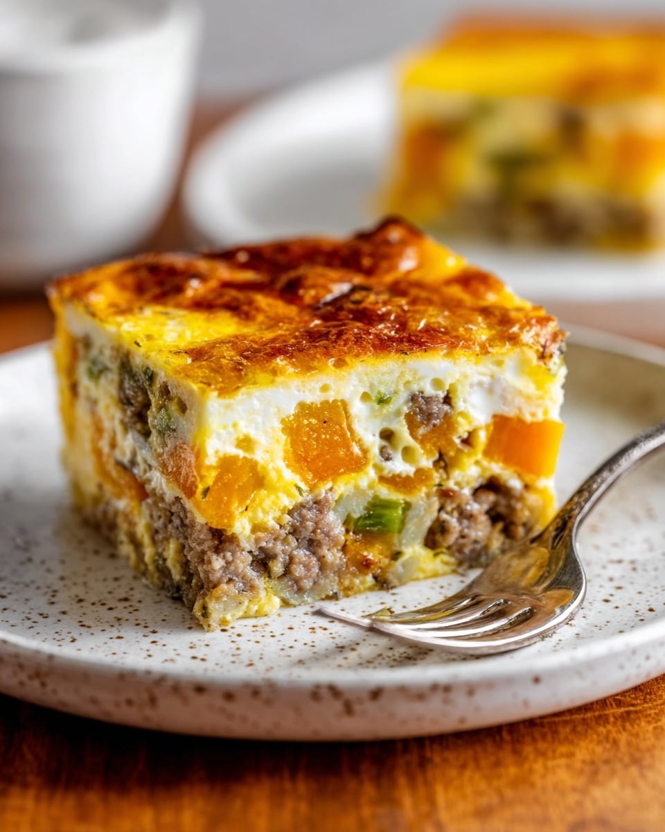 A square slice of a layered egg dish sits on a white speckled plate with a silver fork beside it. The dish has three visible layers: the top is a golden brown, slightly crispy layer; the middle shows a creamy yellow egg layer with vibrant chunks of orange squash or sweet potato and bits of green vegetables; the bottom layer contains browned sausage pieces mixed with the creamy egg base. The inside texture is soft and moist, and the edges are slightly browned. The plate rests on a warm wooden surface, with a soft-focused second slice in the white marbled background. photo taken with an iphone --ar 4:5 --v 7