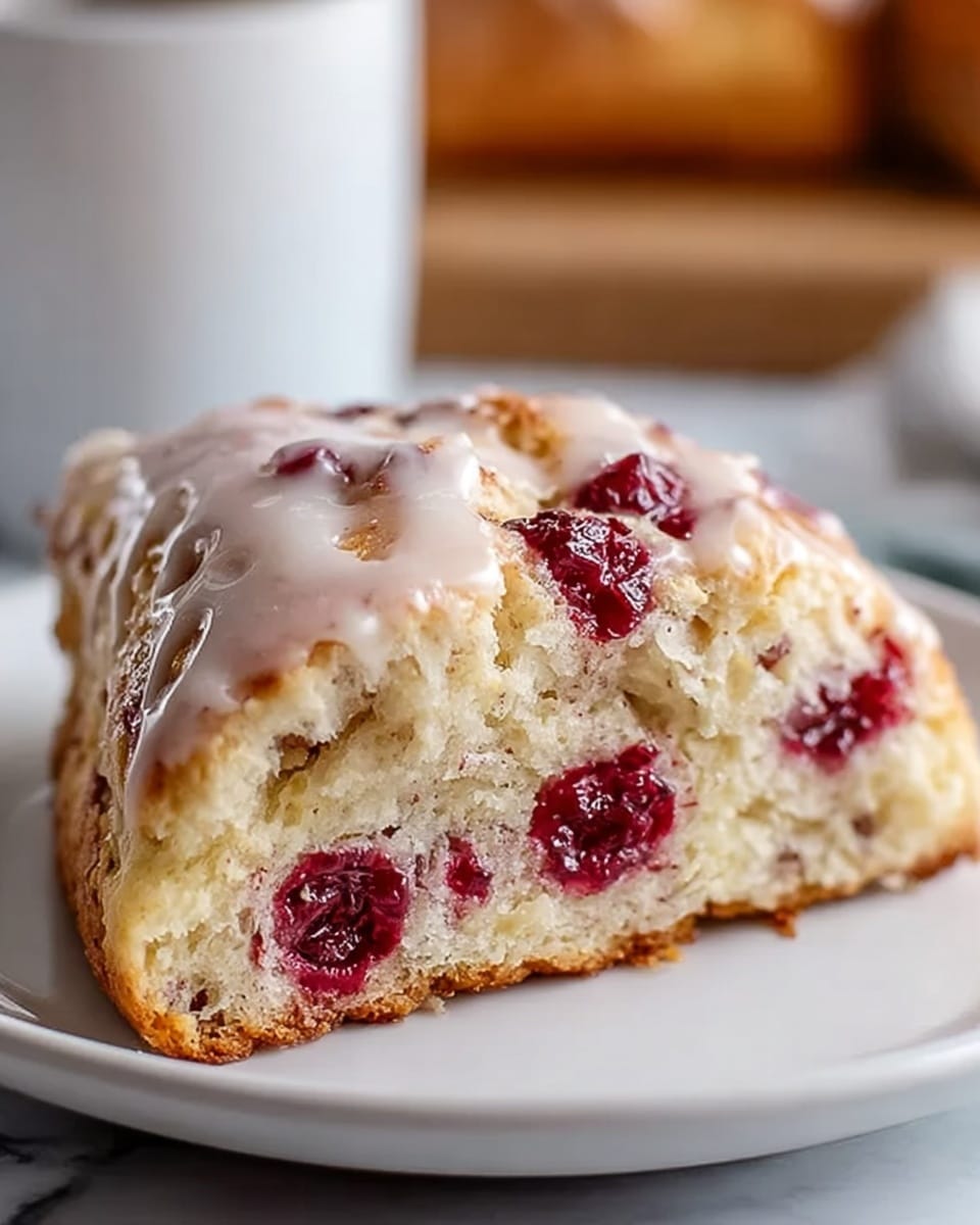A close-up view of a scone slice on a white plate sitting on a white marbled surface. The scone has a rough, golden-brown crust with a soft, fluffy interior. Inside the scone, there are several bright red berry pieces scattered through the dough. The top of the scone is covered with a smooth, white glaze that drips slightly down the sides, adding a shiny finish. The background is softly blurred with warm tones suggesting kitchen items. Photo taken with an iphone --ar 4:5 --v 7