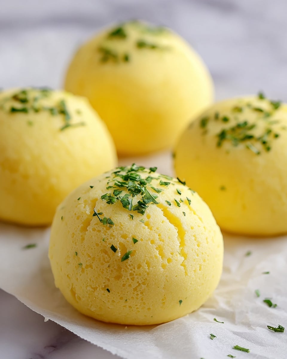 The image shows four smooth, round, yellow butter balls with a slightly porous texture, arranged on white parchment paper over a white marbled surface, each sprinkled with finely chopped green herbs on top. The butter balls appear soft and fresh, with one in clear focus in the front center while the others blur slightly in the background. The soft lighting highlights the creamy texture and bright yellow color, creating a fresh and appetizing look. Photo taken with an iphone --ar 4:5 --v 7