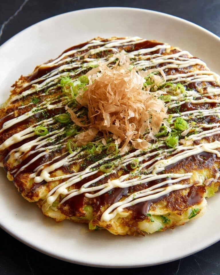 Japanese Savory Bacon Pancakes with Kewpie Mayo and Okonomiyaki Sauce Recipe
