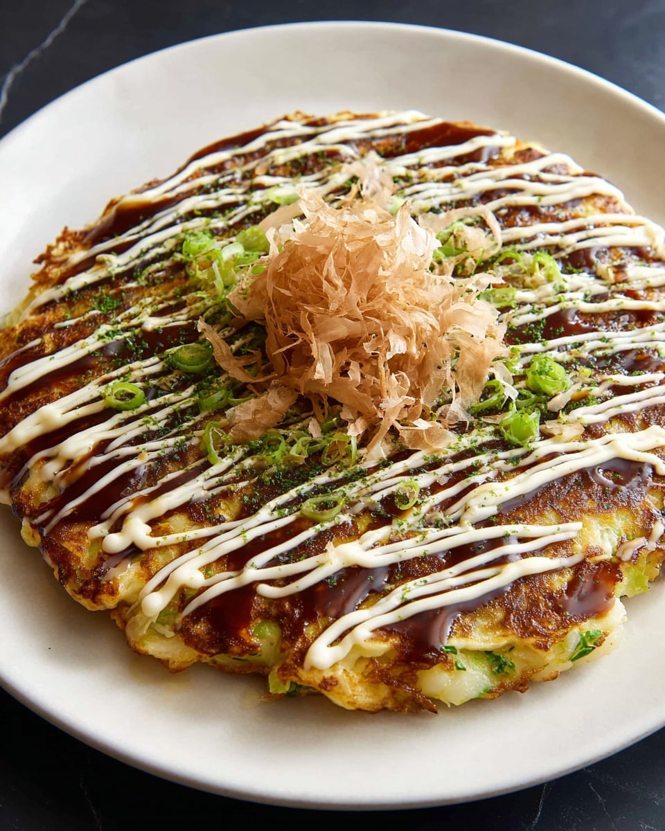 A round okonomiyaki pancake sits on a white plate, made of a thick bottom layer of golden-brown cooked batter mixed with green cabbage pieces giving a textured, leafy look. On top, a rich dark brown okonomiyaki sauce is drizzled in thick lines, overlapped by lighter white mayonnaise sauce streaks in thinner zigzags. The center holds a small pile of light brown, thin, curled bonito flakes that appear delicate and wispy, garnished with a few bright green sliced scallions. The white marbled surface beneath the plate adds a soft, clean background, emphasizing the dish's warm colors and detailed layers. photo taken with an iphone --ar 4:5 --v 7