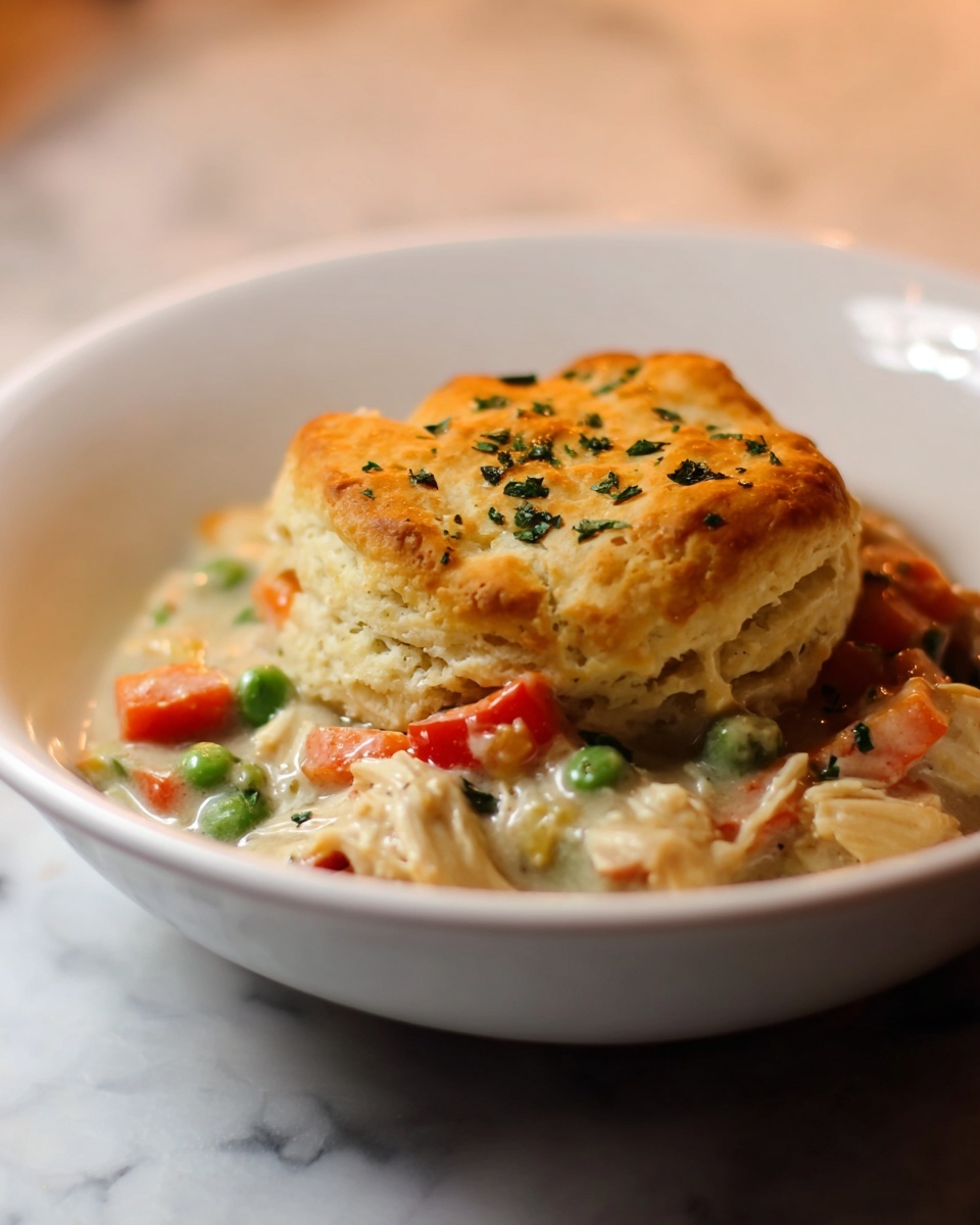 A white bowl holds a chicken pot pie with two main layers: the top layer is a golden brown, flaky biscuit sprinkled with small green herb pieces, looking soft and buttery; beneath the biscuit is a creamy mixture with chunks of white chicken meat and colorful vegetables like bright orange carrots, green peas, and red bell peppers, all in a thick sauce. The bowl sits on a surface with a white marbled texture, adding a clean and simple background to the warm, comforting dish. Photo taken with an iphone --ar 4:5 --v 7