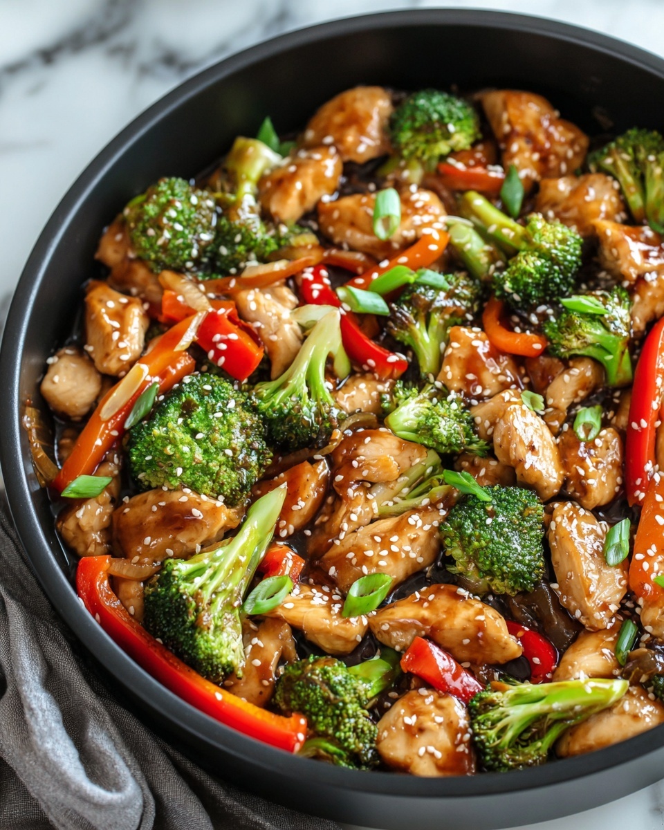 A close-up view of a stir-fry dish in a black pan showing three main layers: the first layer is a glossy, dark brown sauce coating all ingredients; the second layer contains chunks of cooked chicken, glazed and light brown with a slightly shiny texture; the third layer includes bright green broccoli florets, red bell pepper strips, and orange onion slices, all mixed evenly. The dish is topped with white sesame seeds and small pieces of fresh green onion scattered throughout. The pan is resting on a white marbled surface with a gray cloth napkin beside it. photo taken with an iphone --ar 4:5 --v 7