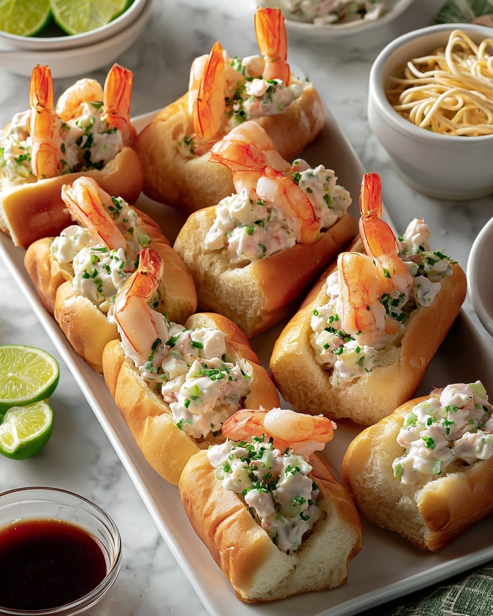 The image shows a white rectangular plate filled with mini hot dog buns, each filled with a creamy shrimp salad topped with chopped green herbs, with a whole cooked shrimp having a bright orange tail sticking out of each bun. The buns look soft and slightly toasted on the edges, and the shrimp salad shows small pieces mixed with a light white sauce. Nearby, there is a white marbled surface with a small bowl of lime wedges, a small white bowl of dark red sauce, and another bowl with thin noodles. Photo taken with an iphone --ar 4:5 --v 7