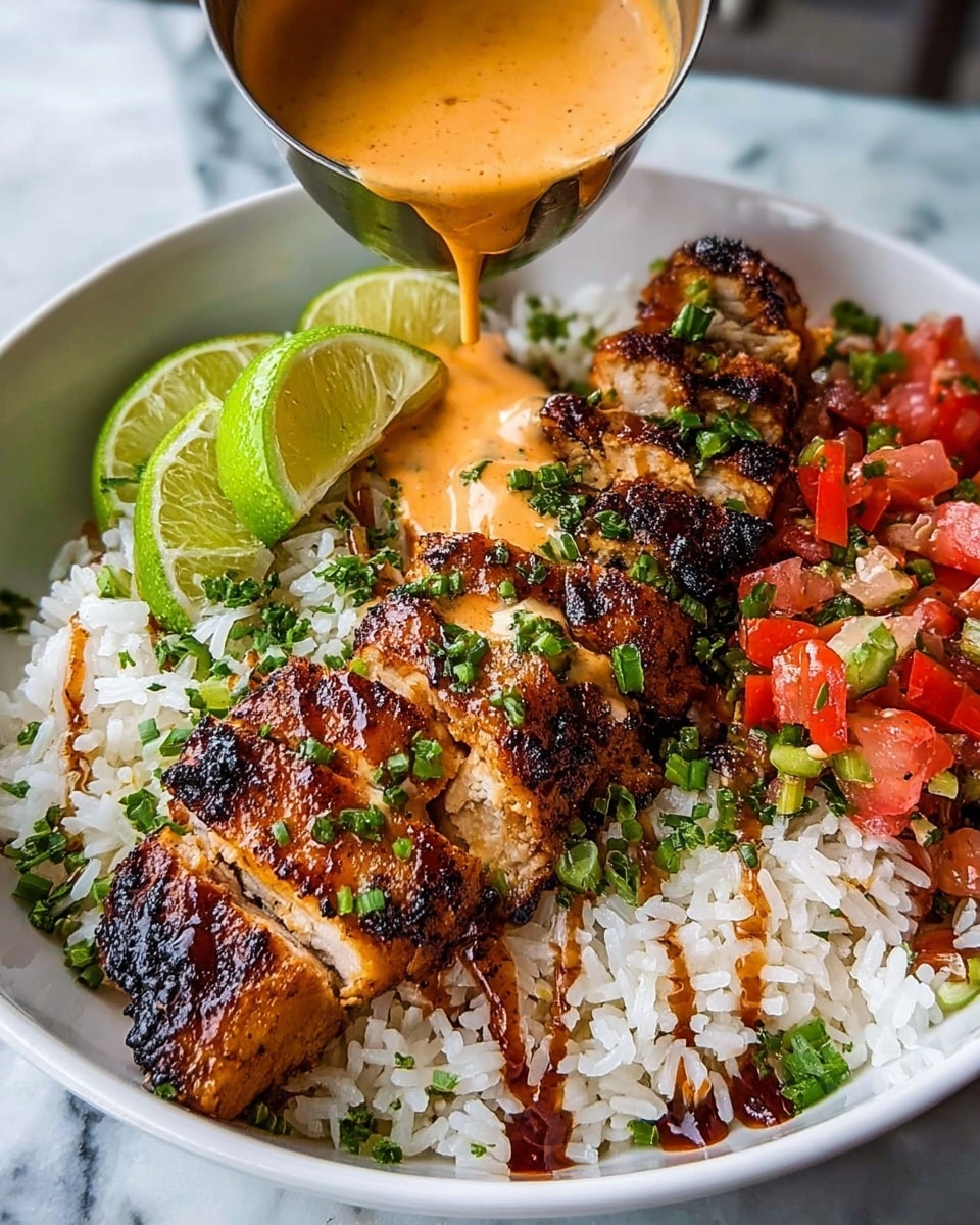 In a white bowl on a white marbled texture, there is a base layer of fluffy white rice spread evenly. On top, grilled chicken pieces with a dark, caramelized, crispy edges are sliced and laid in a neat row across the rice. Bright green chopped herbs are sprinkled over the chicken, adding a fresh contrast. To one side, diced red tomatoes mixed with green bits form a small pile, next to two slices of green lime. A metal cup on the edge of the bowl is pouring creamy orange sauce with green herbs onto the chicken and rice, with a slight drizzle of dark sauce also visible on the rice. Photo taken with an iphone --ar 4:5 --v 7
