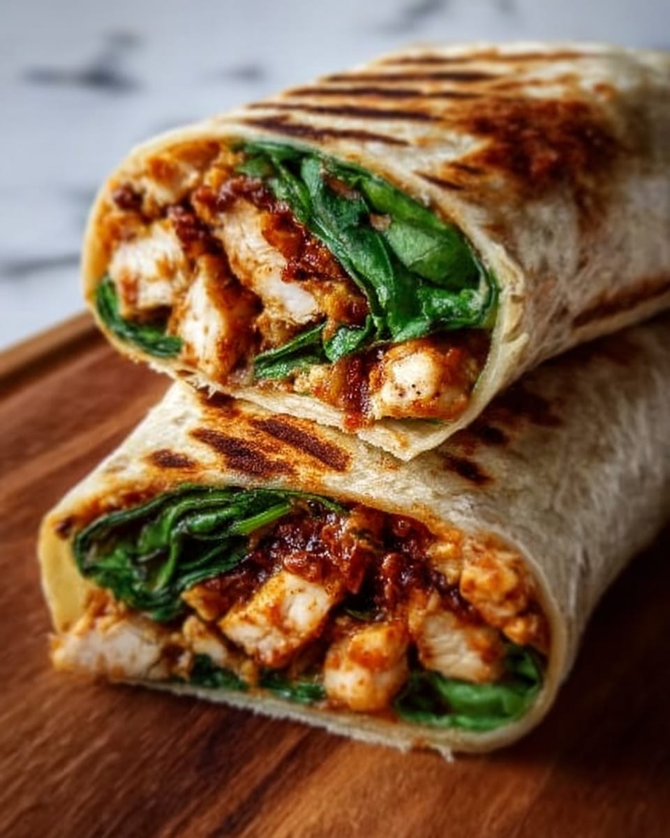 The image shows two grilled wraps cut in half and placed on a wooden board. Each wrap has multiple visible layers, including golden grilled chicken pieces, fresh green spinach leaves, and some orange-red sauce mixed with the chicken, all wrapped tightly in a lightly toasted tortilla with grill marks. The filling appears juicy and well-seasoned, with a mix of textures from tender chicken and leafy spinach. The background is a white marbled texture. Photo taken with an iphone --ar 4:5 --v 7