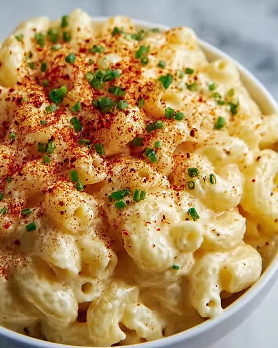 A close-up image of a bowl filled with creamy macaroni and cheese made of elbow pasta covered in a rich, smooth cheese sauce. The top layer is sprinkled with finely chopped green herbs and a generous dusting of red seasoning, adding a colorful contrast to the creamy yellow cheese. The texture of the pasta looks soft and coated evenly in sauce. The bowl is white and placed on a white marbled surface. Photo taken with an iphone --ar 4:5 --v 7