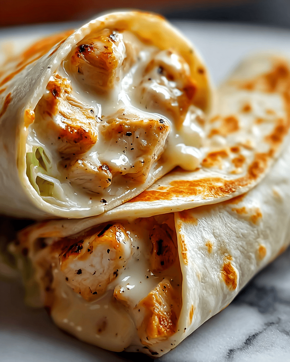 A close-up of a soft, lightly browned wrap filled with chunks of tender, grilled chicken covered in creamy white sauce with specks of black pepper, mixed with a smooth orange sauce swirling through the filling. The wrap is tightly rolled, showing the inside layers clearly, with the chicken and sauces melting together in a rich and glossy texture. The soft, warm tortilla has a slightly toasted edge, and the whole dish is placed on a white marbled surface. photo taken with an iphone --ar 4:5 --v 7