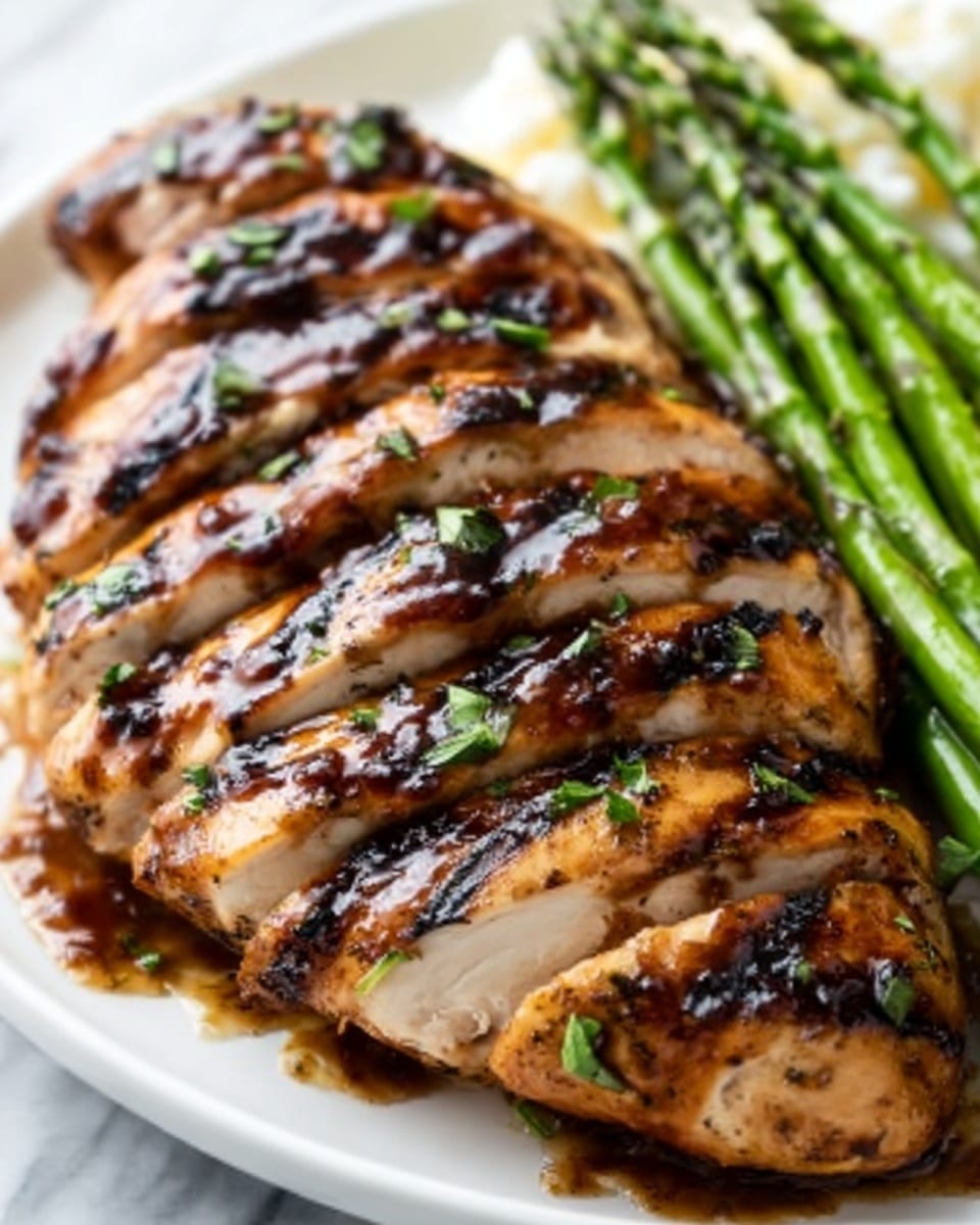 The image shows a close-up of a grilled chicken breast sliced into several pieces, arranged neatly on a white plate. The chicken has dark brown grill marks and a shiny glaze on top, with small green herb pieces sprinkled over it. On the right side of the plate, there are a few bright green asparagus spears. The whole scene is set on a white marbled surface. Photo taken with an iphone --ar 4:5 --v 7