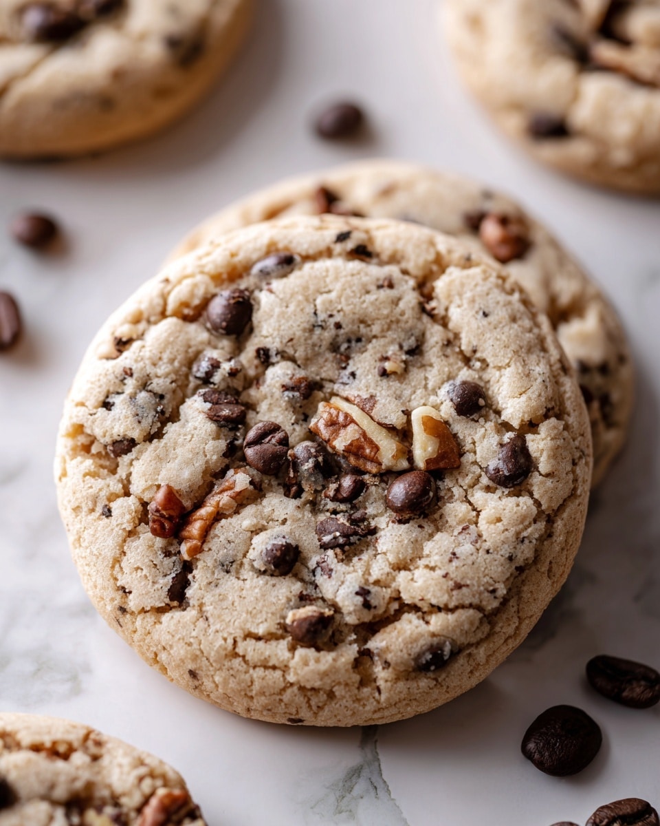 The image shows a close-up of a single round cookie with a cracked surface, sitting on a white marbled texture. The cookie is light brown with darker brown spots from chocolate chips scattered throughout. Small pieces of walnut are also visible on the cookie's surface. Around the main cookie, parts of other cookies can be seen blurred in the background. There are a few coffee beans placed near the cookies on the white marble. The texture looks soft and slightly chewy with a crunchy edge. photo taken with an iphone --ar 4:5 --v 7