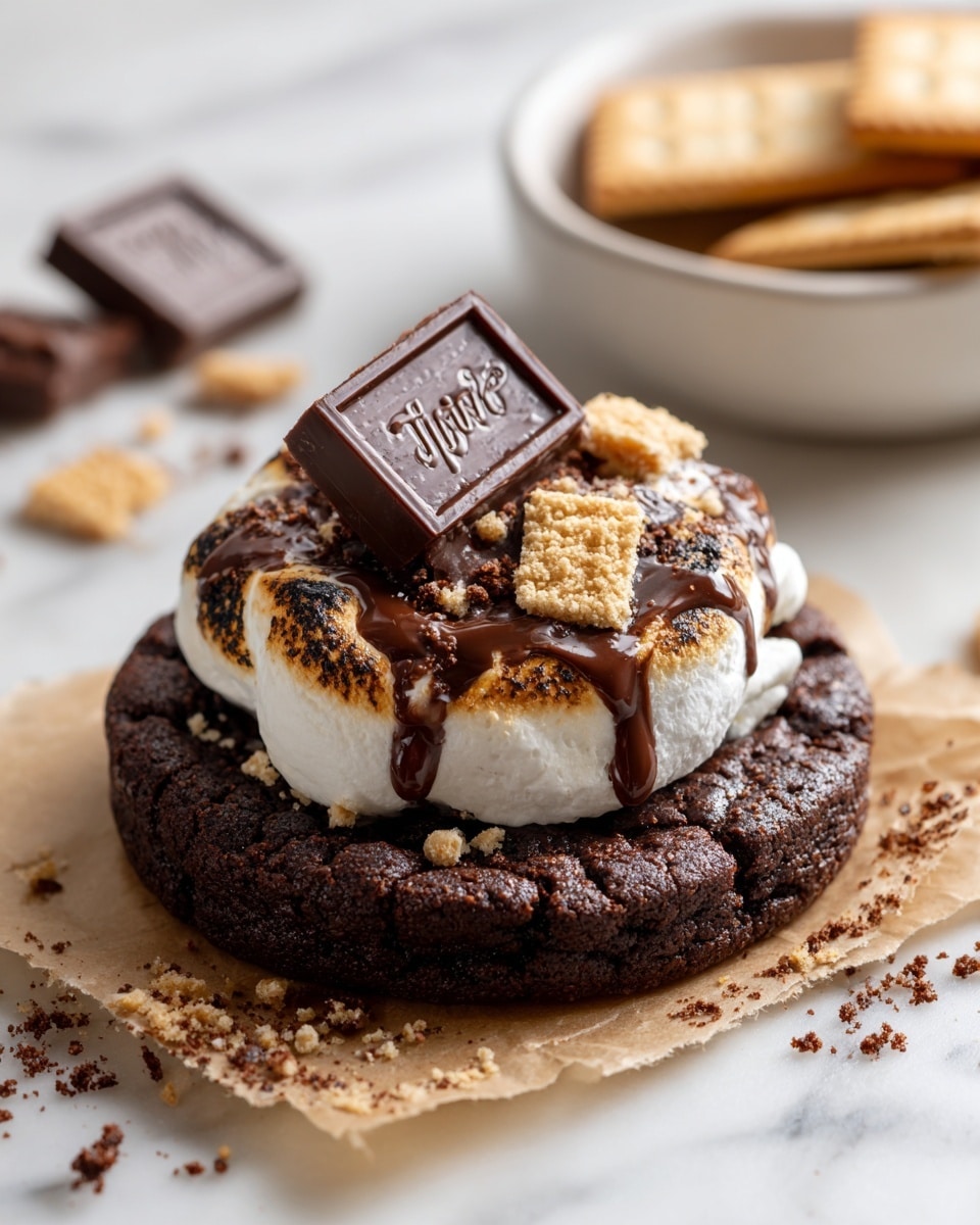 A single thick, round dark chocolate cookie serves as the base, with a soft, slightly cracked texture on top. Centered on the cookie is a toasted white marshmallow layer partially melted, oozing creamy white and glossy melted dark brown chocolate. A small square of solid dark chocolate with a brand name engraved sits on the marshmallow. Small pieces of light beige crispy cracker are scattered on the cookie and marshmallow, with some chocolate smudges and crumbs on the crinkled light brown parchment paper underneath. Part of a white bowl with more of the crispy crackers is visible on the right side, all placed on a white marbled surface. photo taken with an iphone --ar 4:5 --v 7