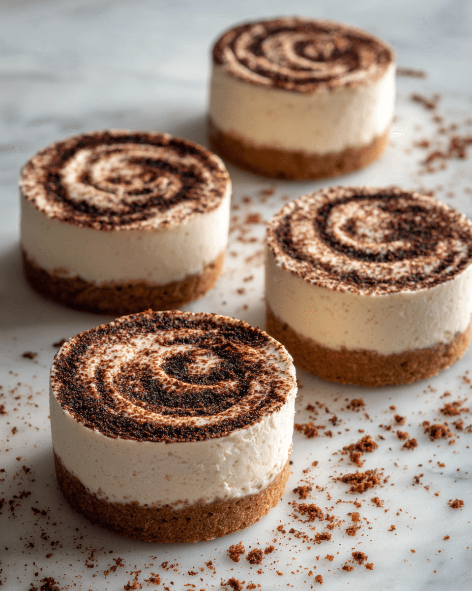 Four round desserts are placed on a white marbled surface, each with three visible layers. The bottom layer is a light golden-brown cookie base. The middle layer is thick and creamy white, smooth in texture and spread evenly. The top layer is a dusting of fine dark cocoa powder, some forming a light swirl pattern in the center of each dessert. Bits of cocoa powder are scattered around the desserts on the surface, adding a slightly messy but natural look. The lighting highlights the creamy texture and rich cocoa color. Photo taken with an iphone --ar 4:5 --v 7