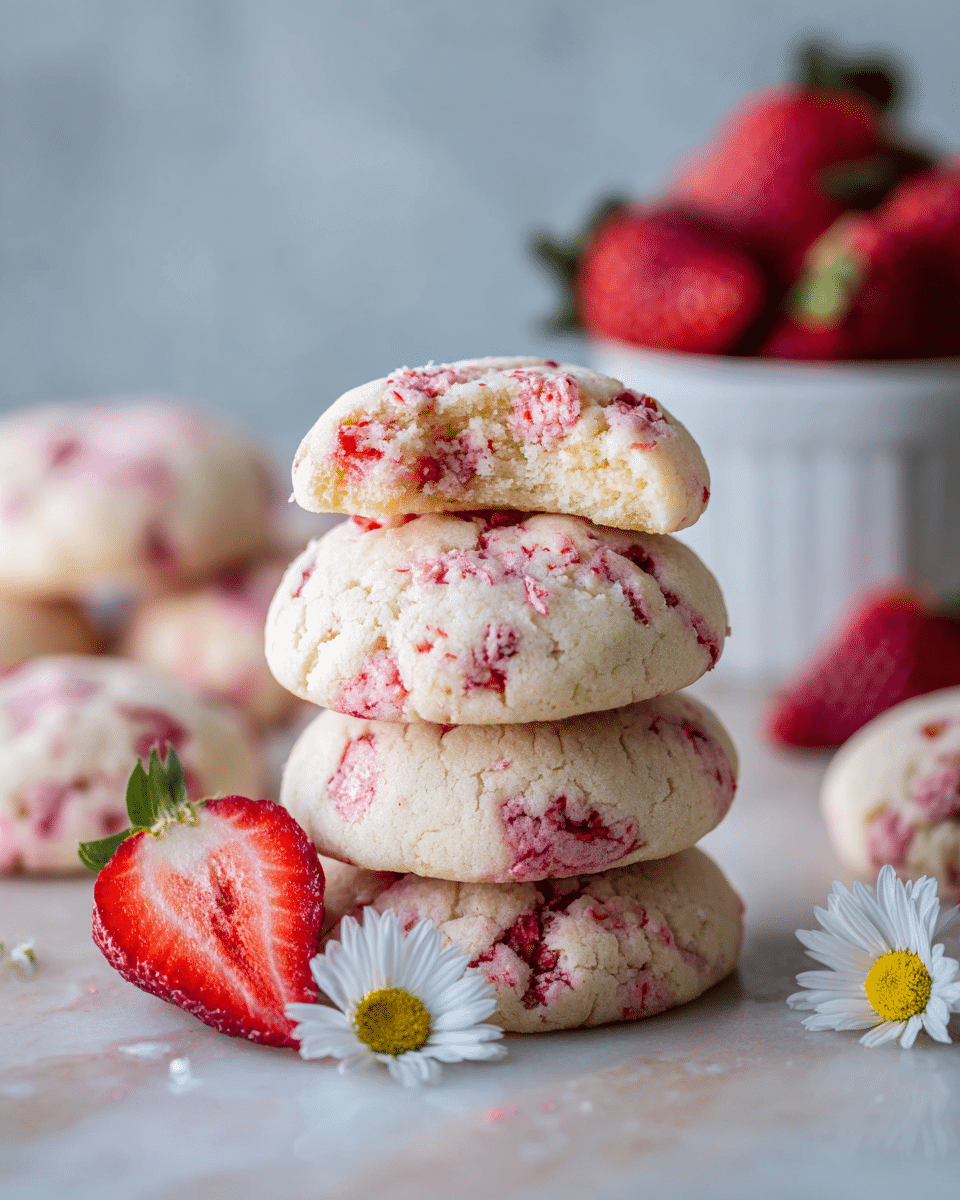 A stack of soft, round cookies with a light pink color mixed with darker pink strawberry bits scattered all over, showing a slightly chewy texture; the top cookie has a bite taken from it, revealing a soft, pale inside. Around the stack are more cookies with the same color and texture, arranged closely, sitting on a pale surface. In front, there is one halved fresh strawberry showing its red skin and juicy interior, accompanied by a small white daisy flower with a yellow center. In the background, a white bowl filled with whole bright red strawberries is slightly out of focus, all placed on a white marbled texture. Photo taken with an iphone --ar 4:5 --v 7