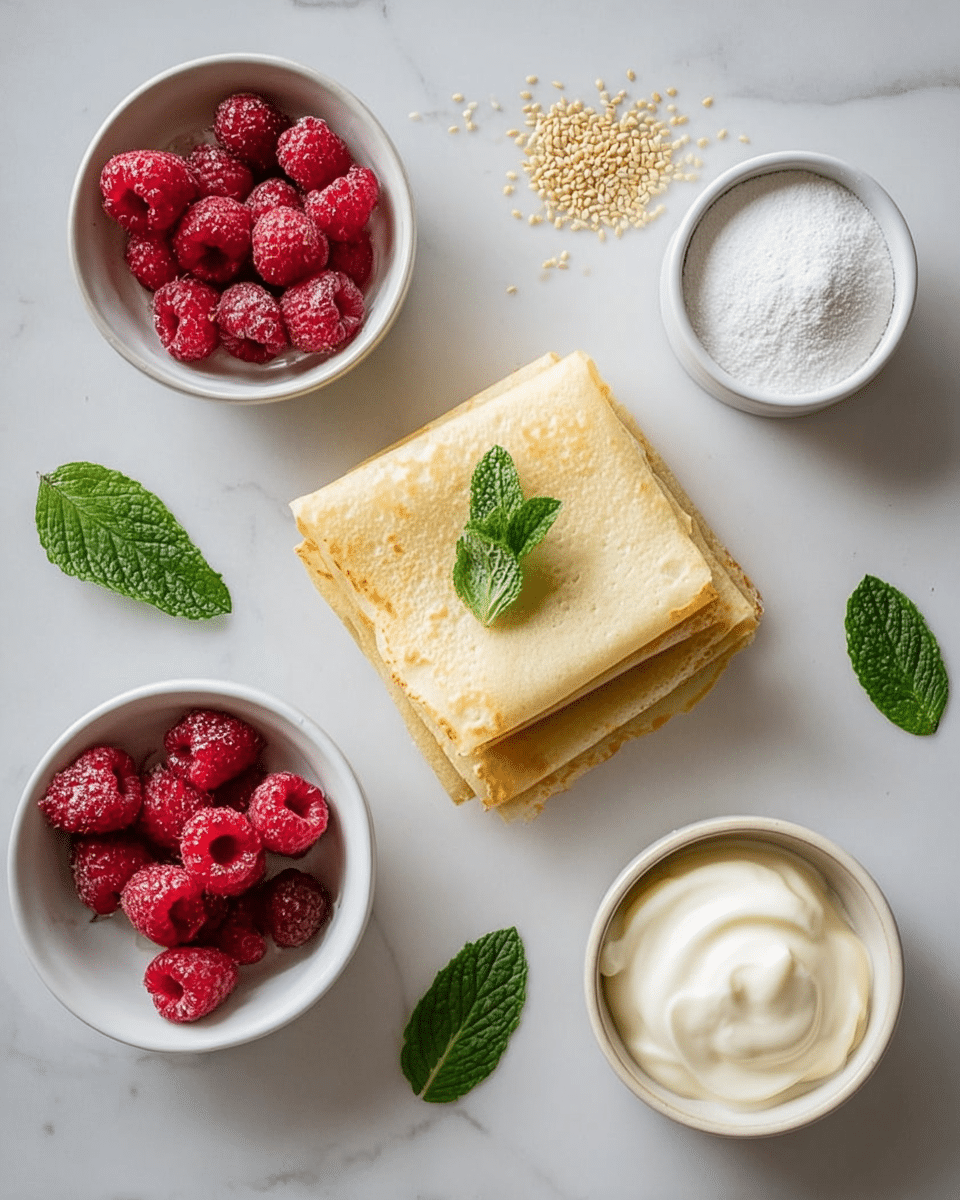 In the center, a stack of thin, light golden crepes folded into squares with a sprig of fresh green mint on top, surrounded by five small white bowls arranged in a loose circle on a white marbled texture: one bowl filled with bright red raspberries, one with fine white sugar, one with thick white cream, one with light tan sugar, and one with small beige sesame seeds; scattered green mint leaves add freshness to the clean, simple composition. photo taken with an iphone --ar 4:5 --v 7