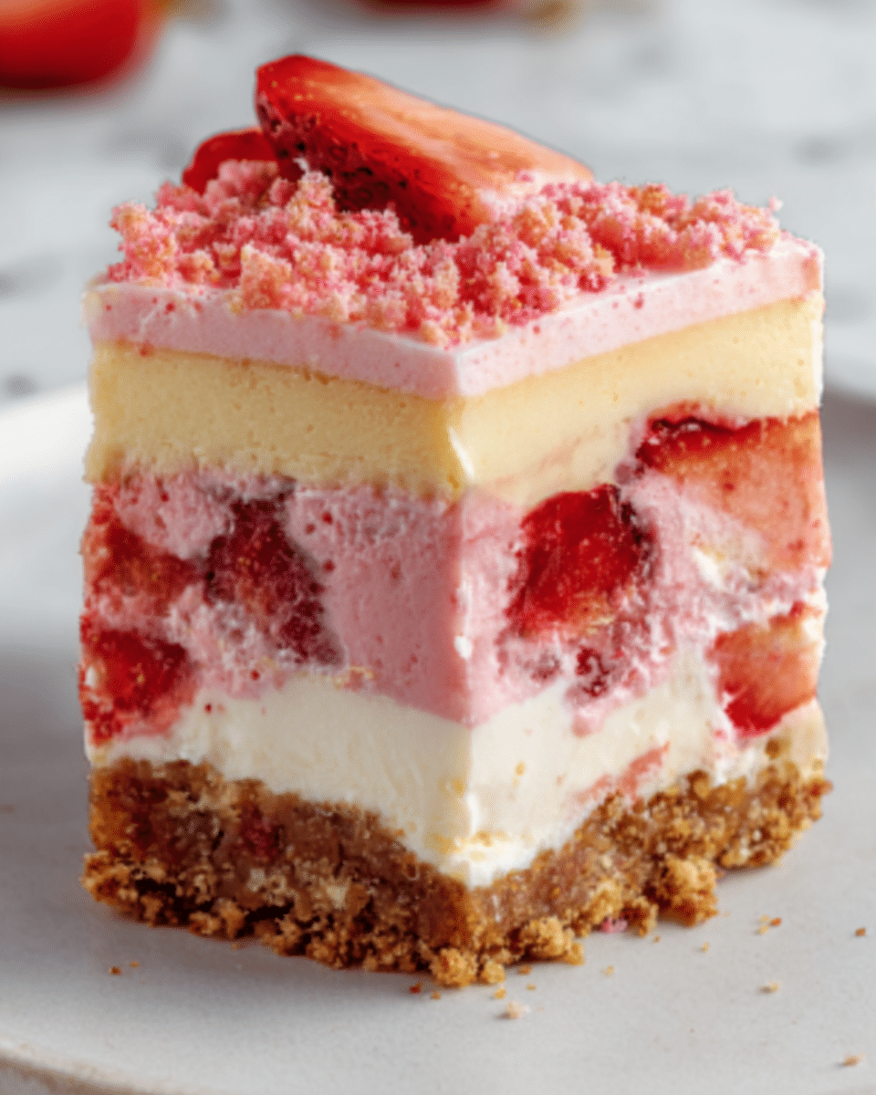 The image shows a slice of layered strawberry dessert on a white plate, placed on a white marbled surface. At the bottom, there is a crumbly brown crust, above it a pink creamy layer mixed with strawberry chunks. The middle has a thick pale yellow cream layer with more visible strawberry pieces. Above this is another pink layer with a smooth texture, topped with small granules of pink crumble. The layers are clearly visible and neat with bright red strawberry pieces inside. Photo taken with an iphone --ar 4:5 --v 7
