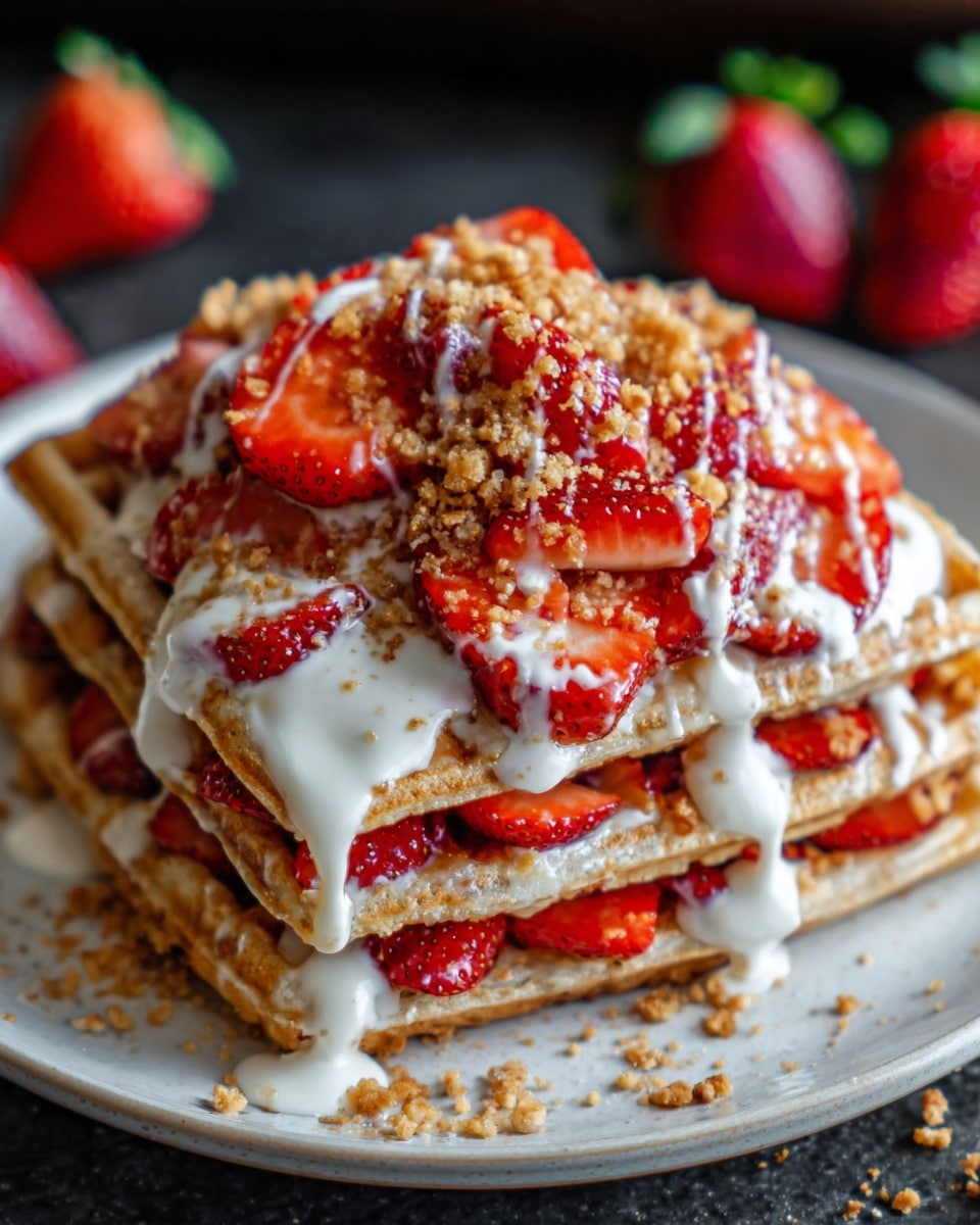 A stack of three golden-brown waffles sits on a white plate, each waffle layer separated by a generous spread of bright red strawberry slices. The top waffle is adorned with more fresh strawberries, a drizzle of white cream sauce flowing down the sides, and sprinkled with crunchy brown crumbs. The plate rests on a white marbled surface, with a few whole strawberries scattered around. photo taken with an iphone --ar 4:5 --v 7