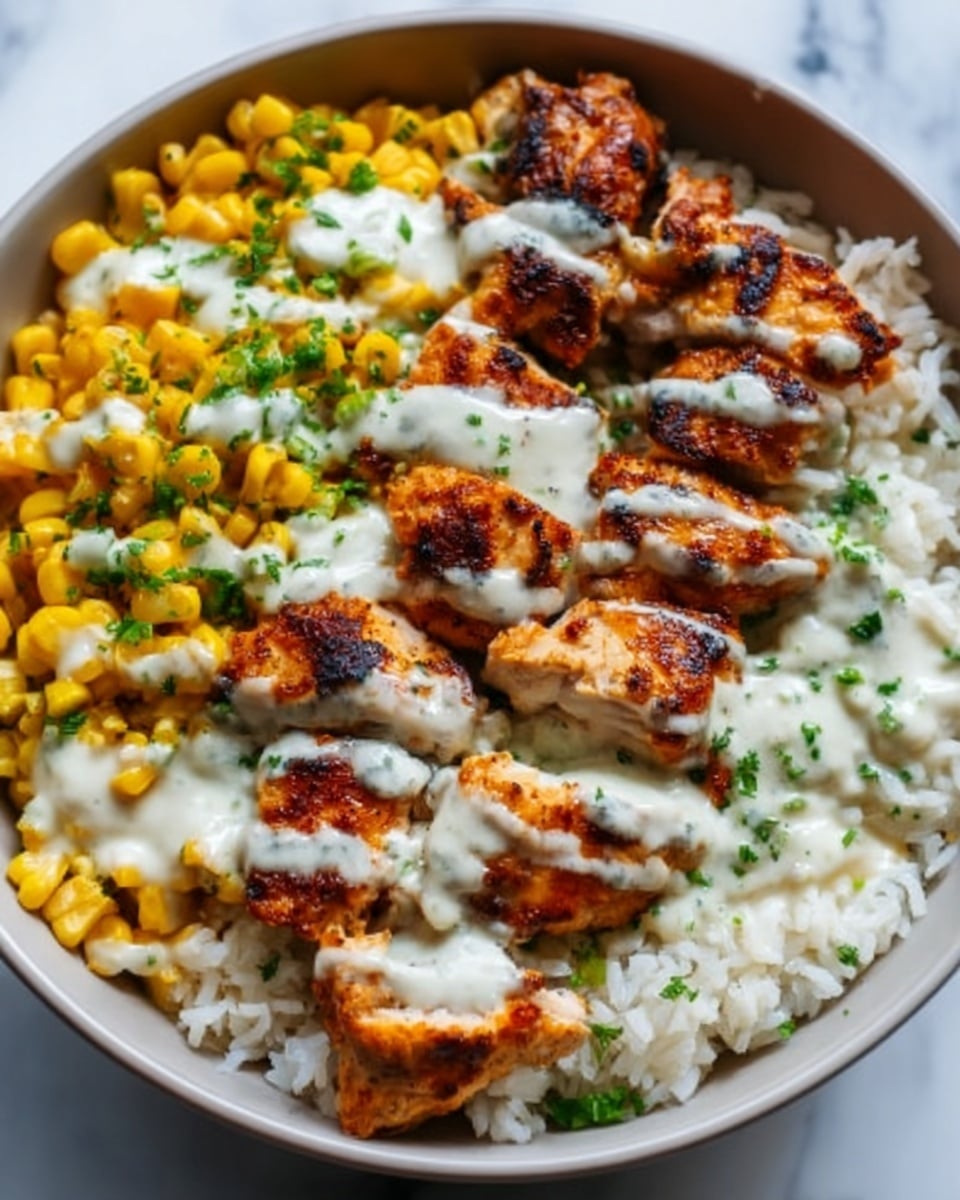 The image shows a white bowl filled with three main layers: at the bottom is a layer of plain white rice with a soft texture, on top of the rice are several pieces of grilled chicken that are golden-brown and slightly charred with a crispy look, drizzled with a creamy white sauce that has small green herb pieces scattered over it. On one side of the bowl, there is a bright yellow corn layer mixed with some small green herbs, adding a fresh contrast to the dish. The bowl sits on a white marbled surface. Photo taken with an iphone --ar 4:5 --v 7