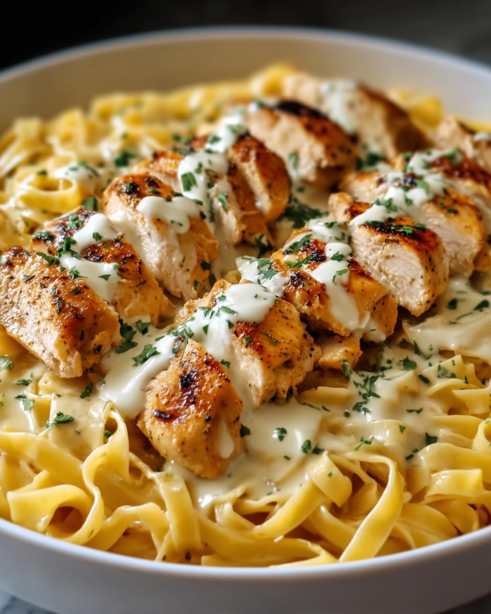 The image shows a white bowl filled with creamy fettuccine pasta at the bottom layer, light yellow in color with a smooth texture. On top of the pasta, there are six pieces of grilled chicken breast placed evenly in a row, each piece golden brown with slight char marks and a juicy texture. The chicken is topped with a drizzle of white creamy sauce and sprinkled with chopped green herbs. The bowl sits on a white marbled surface. photo taken with an iphone --ar 4:5 --v 7