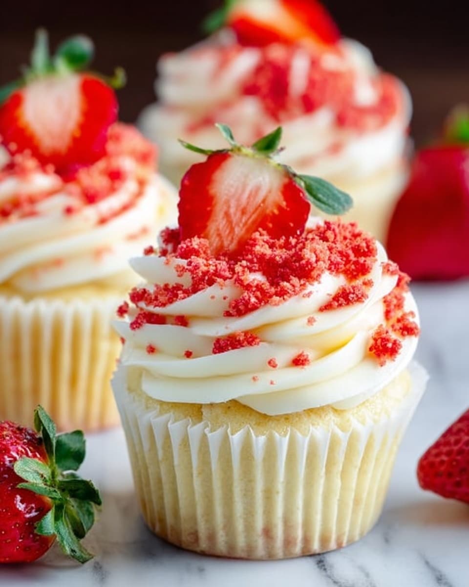 A close-up view of a cupcake with three visible layers: the base is light yellow cake wrapped in white paper, the middle layer is white creamy frosting swirled on top with smooth texture, and the top layer is crushed red crumbs spread evenly over the frosting, crowned with a fresh red strawberry sliced in half with green leaves still attached. In the background, two more similar cupcakes blur softly, with a whole strawberry and green leaves beside them on a white marbled surface. photo taken with an iphone --ar 4:5 --v 7
