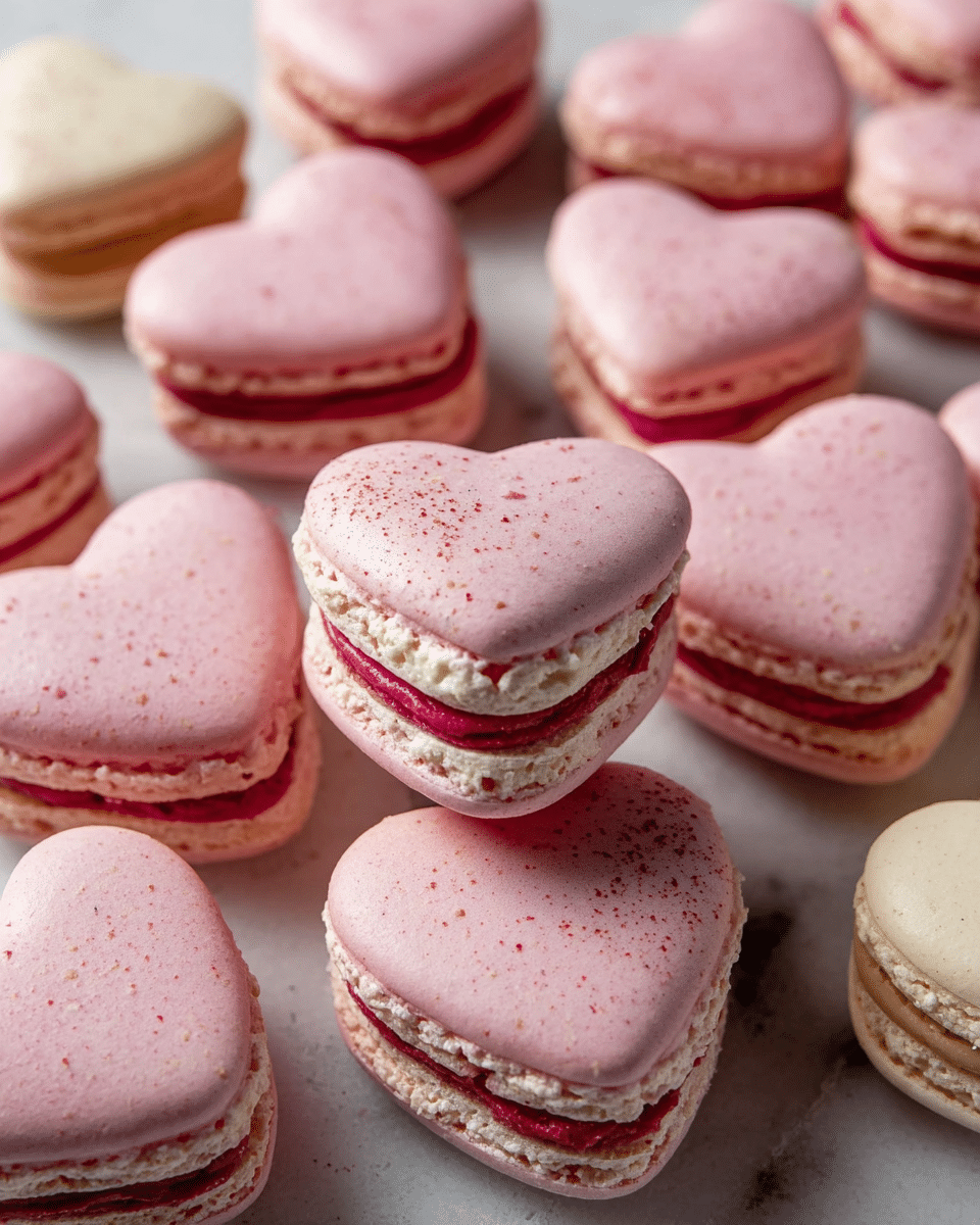 A close-up view of many pink heart-shaped macarons placed on a white marbled surface, each with a smooth top shell and a textured ruffled edge. The macarons have two layers of shells with fillings in between; some have a thick, bright red filling while others have a creamy white filling with a slightly fluffy texture. A few macarons in the background are round and pale cream-colored with light brown fillings. The light softly highlights the smooth and matte surfaces of the macarons, showing slight speckles on the shells. photo taken with an iphone --ar 4:5 --v 7