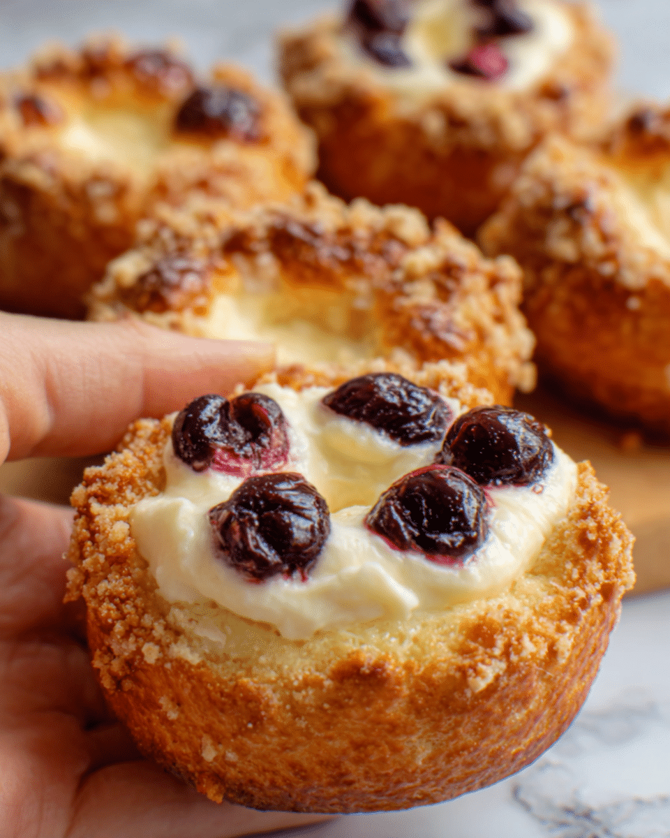 The image shows a close-up of a small round pastry with a golden-brown crust that looks soft and slightly shiny. The pastry has a circle of crumbly light brown streusel topping around the edges. Inside, there is a creamy white filling with a smooth texture and several dark red cherries that look juicy and slightly cooked, placed on top of the cream. In the background, more similar pastries are slightly blurred. A woman's hand is holding the pastry gently from the side. The pastries rest on a white marbled surface. Photo taken with an iphone --ar 4:5 --v 7