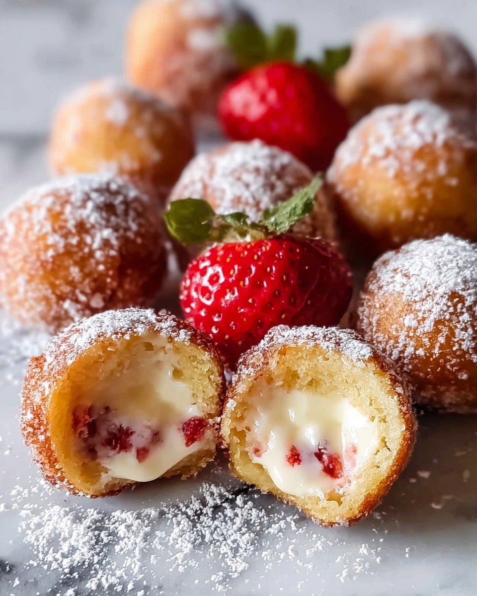 The image shows small round dessert balls arranged on a surface with a white marbled texture. Each ball has a golden-brown outer layer coated lightly with powdered sugar. Inside, visible in two cut-open balls, is a creamy white filling with small bits of red, likely strawberry pieces. There is also a whole fresh red strawberry with green leaves placed among the balls, some dusted with extra powdered sugar. Photo taken with an iphone --ar 4:5 --v 7
