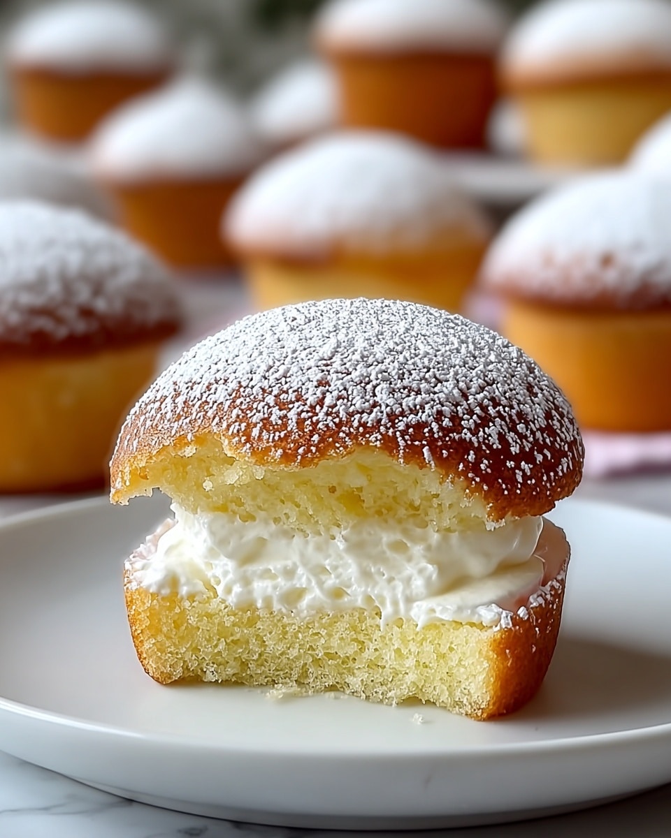 A close-up of a small round cupcake on a white plate with a white marbled texture underneath, split horizontally into two layers; the top layer is a golden-brown dome dusted lightly with powdered sugar, and the bottom layer is a soft, pale yellow sponge. Between the layers is a thick and fluffy white cream filling that slightly bulges out. In the background, more whole cupcakes with the same powdered sugar topping are visible but out of focus. The photo taken with an iphone --ar 4:5 --v 7