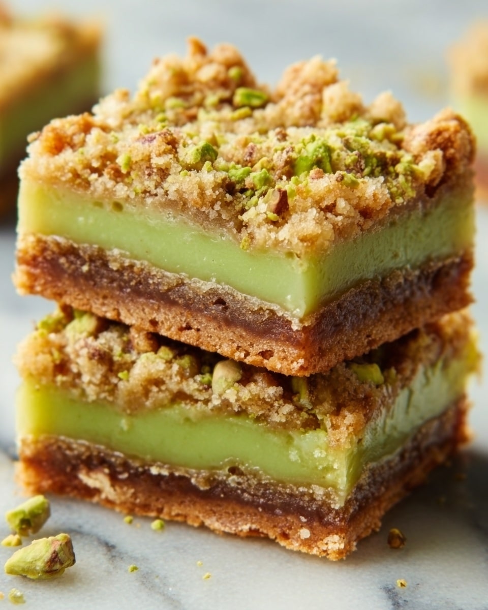 The image shows two square dessert bars stacked on top of each other on a white marbled surface. Each bar has three layers: the bottom layer is a light brown, crumbly crust; the middle layer is a smooth, bright green filling with a slightly glossy texture; the top layer is a golden brown crumb topping with small pieces of crushed pistachios sprinkled over it, adding a green and light brown speckled detail. The bars look thick and neatly cut, with the edges showing the distinct separation of each layer clearly. Photo taken with an iphone --ar 4:5 --v 7