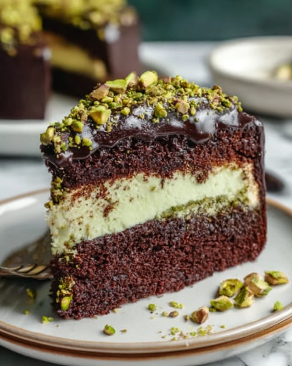 The image shows a close-up of a three-layer cake slice on a white plate, placed on a white marbled surface. The bottom and top layers are rich dark brown chocolate cake with a soft, moist texture. The middle layer is a pale green pistachio cream with a smooth, creamy texture. The top surface of the cake is covered in shiny dark chocolate ganache, scattered with crushed green pistachio nuts. Some pistachio pieces are also scattered on the plate near the cake. In the blurry background, another slice of cake is visible. Photo taken with an iphone --ar 4:5 --v 7