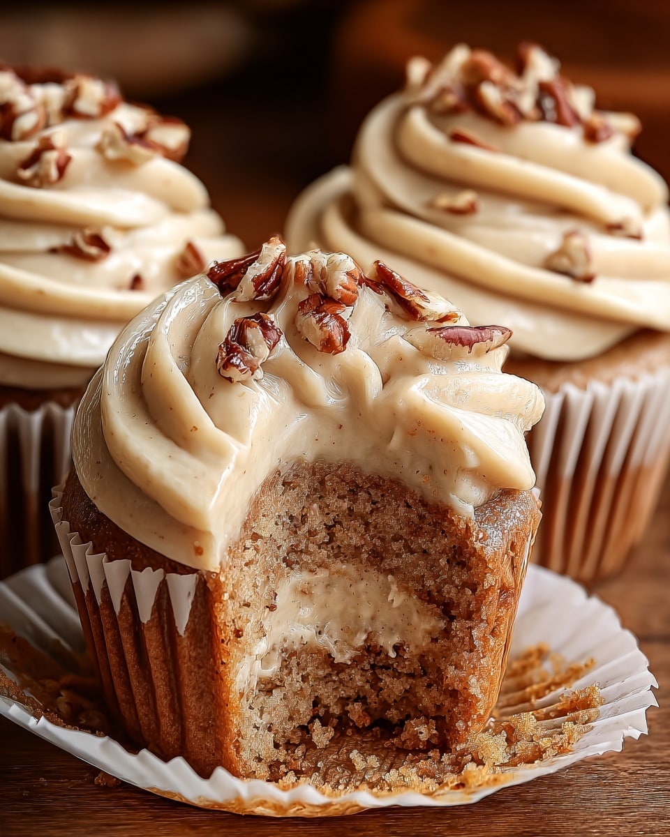 The image shows three moist cupcakes with a light brown color. Each cupcake has one thick layer of creamy, pale beige frosting swirled on top, decorated with small pieces of pecan nuts scattered over it. The cupcake in the front has a bite taken out, revealing a single thick layer of smooth cream filling inside the middle of the soft cake. All cupcakes are in white lined paper cases. They are placed closely together on a wooden surface, and the background has a warm, cozy tone. photo taken with an iphone --ar 4:5 --v 7