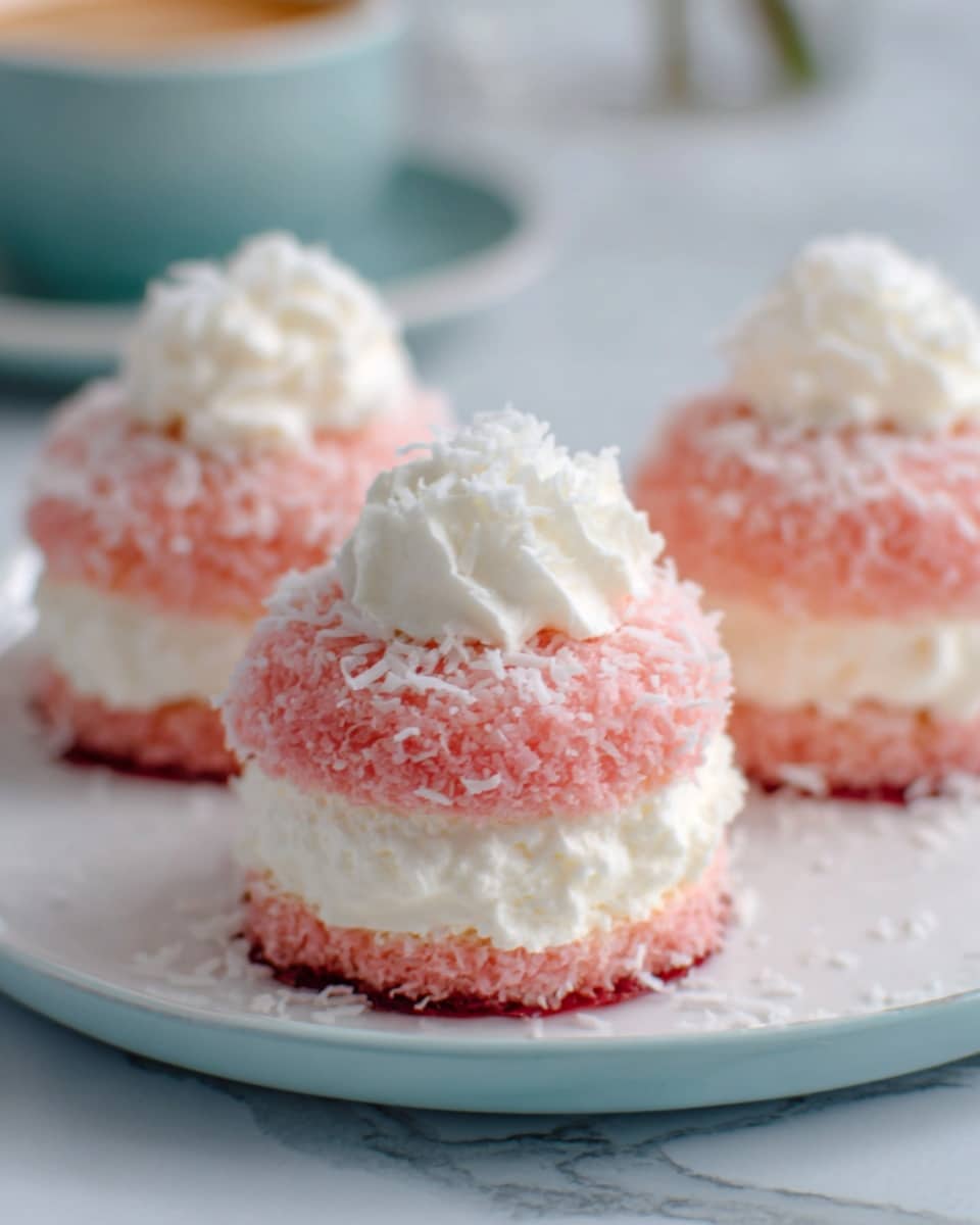 The image shows three small pink round cakes placed on a white plate with a light blue edge sitting on a white marbled surface. Each cake has two pink coconut-coated layers with a thick layer of white whipped cream in the middle, slightly piped with soft peaks. One cake in the front is clearly focused, showing the fluffy texture of the whipped cream and the shredded coconut on the pink cake layers. Soft natural light enhances the pastel colors and the delicate texture of the cakes. Photo taken with an iphone --ar 4:5 --v 7