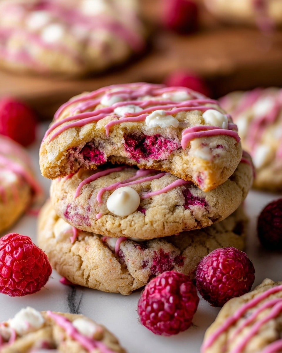 A stack of two thick, soft cookies sits at the center, the top cookie with a bite taken, showing a moist inside with white chocolate chunks and bright red raspberry pieces. Both cookies are light golden with embedded white chocolate chips and scattered bits of raspberry, topped with a drizzle of pink icing in a neat line pattern. Around the stack are more similar cookies spread out flat, also drizzled with pink icing, lying on a white marbled surface. Fresh, whole raspberries in deep red color are placed around the cookies, adding vivid contrast. The photo focuses closely on the cookies with a warm, inviting tone, photo taken with an iphone --ar 4:5 --v 7
