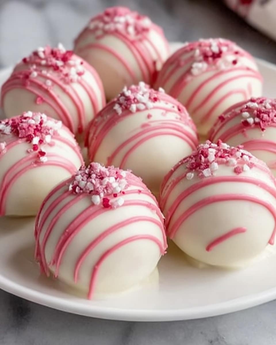 A white plate on a white marbled surface holds eight round, smooth white chocolate balls. Each ball is drizzled with thin lines of bright pink sauce from top to bottom, creating a striped pattern. Small pink and white sprinkles are scattered on top of each ball, adding texture and color contrast. The lighting highlights the shiny surface of the chocolate, making the balls look fresh and soft. photo taken with an iphone --ar 4:5 --v 7