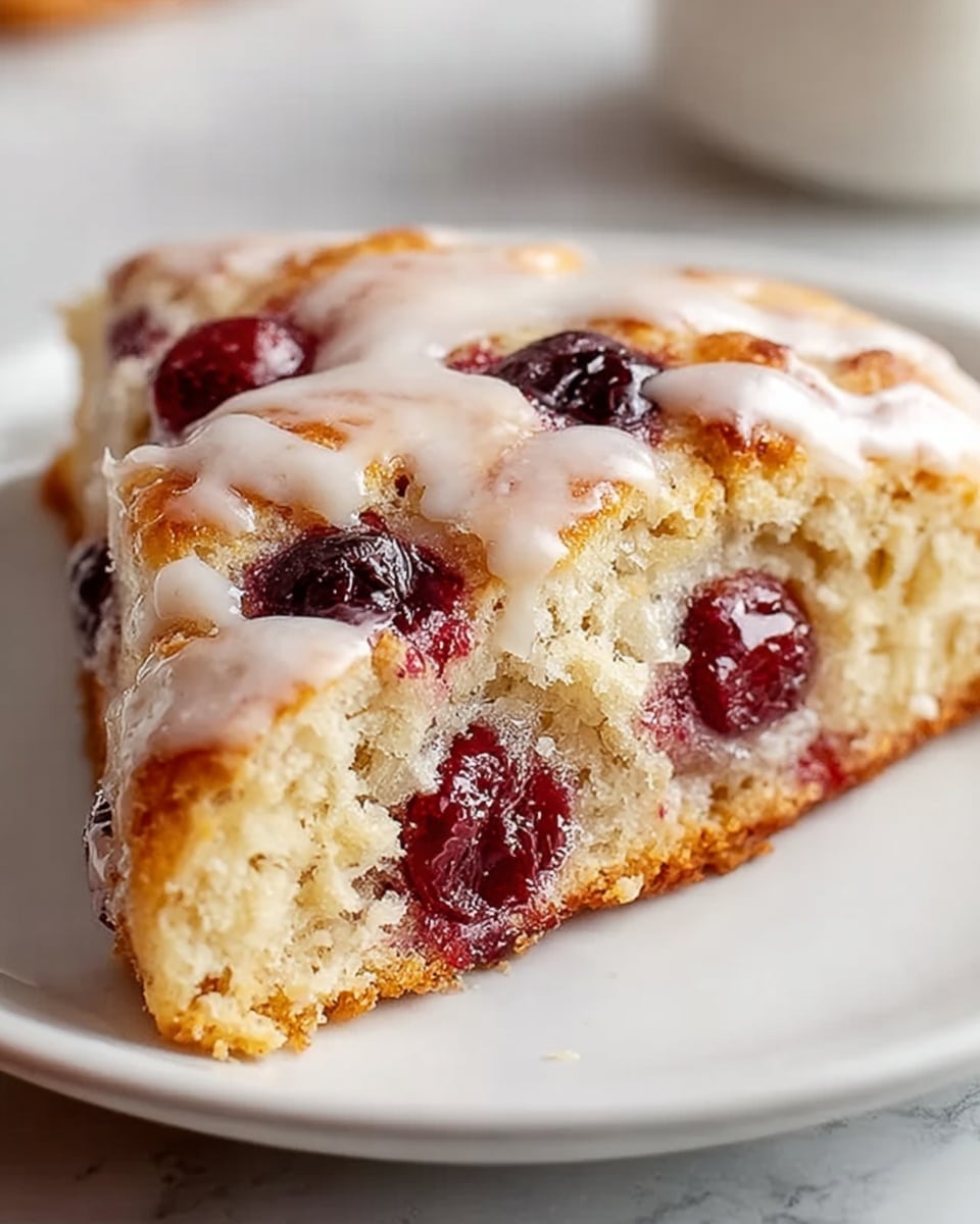 The image shows a close-up of a triangular piece of cherry scone on a white plate, placed on a white marbled surface. The scone has two visible layers: the base layer is a golden-brown, crumbly baked dough with a soft texture and visible airy holes. The second layer consists of dark red cherry pieces embedded inside the dough, glossy and juicy. The top of the scone is covered with a smooth, white icing glaze that drips slightly over the sides. Photo taken with an iphone --ar 4:5 --v 7