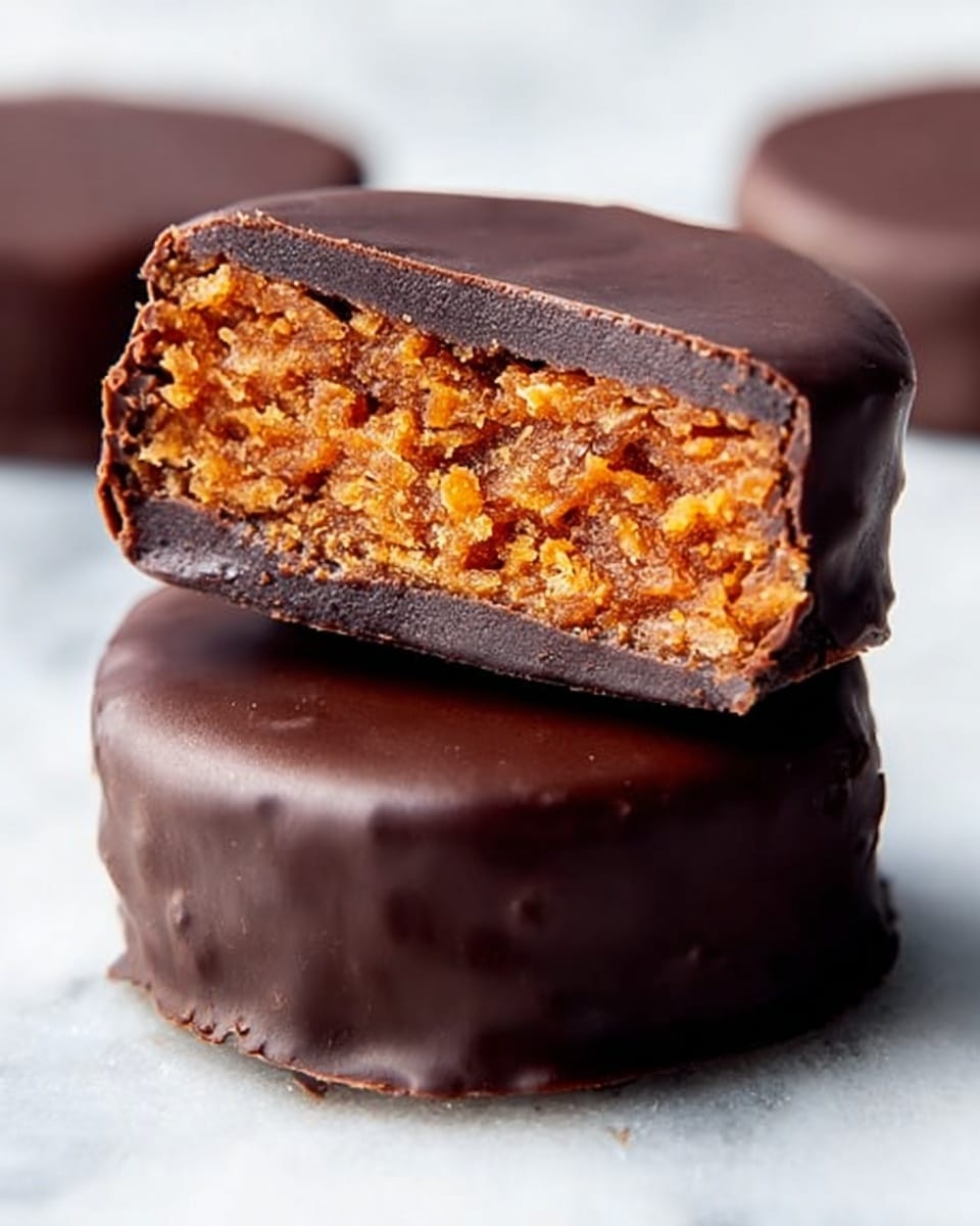 The image shows a close-up of two round chocolate-covered treats stacked on top of each other against a white marbled surface. The bottom piece is whole with a smooth, dark chocolate coating that shines slightly. On top of it, there is a half piece cut to show the inside, revealing two thick layers: a top layer of crumbly, orange-brown nougat-like texture mixed with small bits, and a thin dark chocolate layer covering the outside and bottom. The overall look is rich and textured with a contrast between the dark chocolate and the lighter, crunchy filling. Photo taken with an iphone --ar 4:5 --v 7