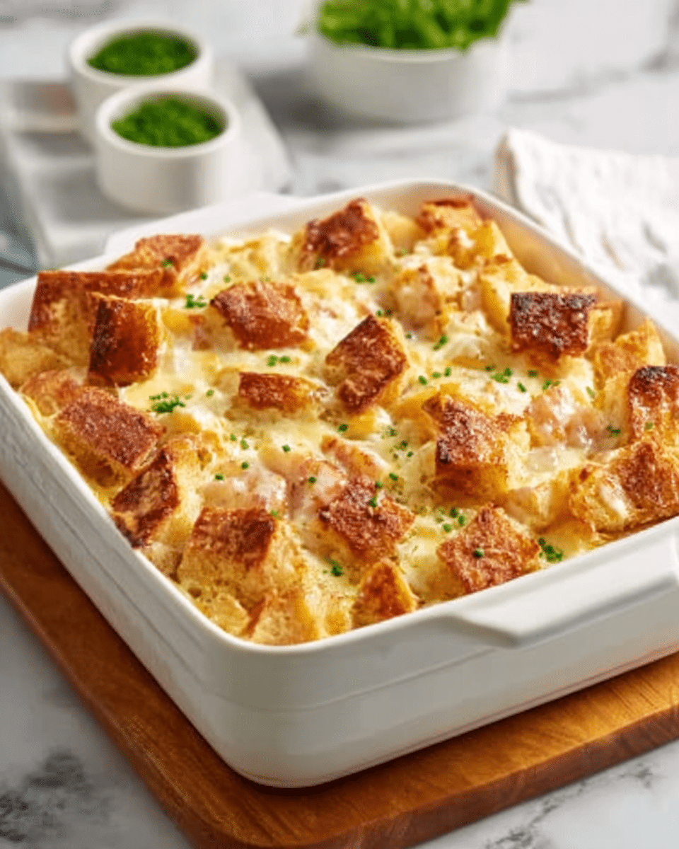 The image shows a creamy baked dish in a white ceramic square baking dish, placed on a wooden board. The dish has several layers of golden-brown baked bread cubes on top, with melted cheese and creamy sauce visible under the crust. There are small green herb bits sprinkled on the top layer, adding a touch of color. The background features a white marbled surface, and some small white containers with green herbs are blurred in the background. Photo taken with an iphone --ar 4:5 --v 7