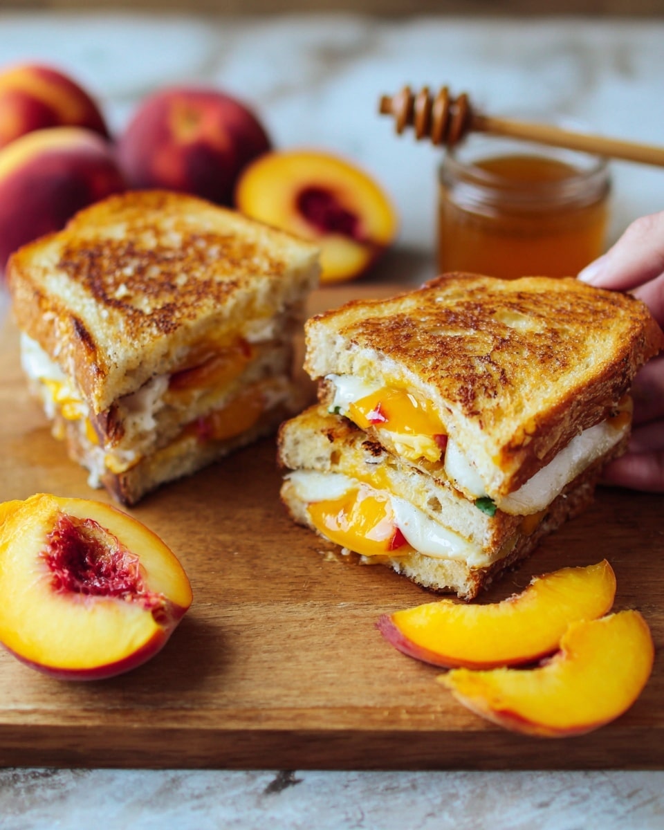 A toasted sandwich cut in half sits on a wooden board with a woman’s hand holding the top half of the left sandwich showing a bite taken from it, the sandwich has three visible layers: the top and bottom layers are golden brown toasted bread with a slightly crisp texture, and between them are slices of melted white cheese and bright orange-yellow peach slices with a soft, juicy texture. Behind the sandwich is a small glass jar of honey with a wooden honey dipper resting inside, and around the board are fresh peach halves and slices with vibrant yellow and reddish hues. The setting is warm and rustic, with a white marbled texture surface beneath the wooden board. photo taken with an iphone --ar 4:5 --v 7