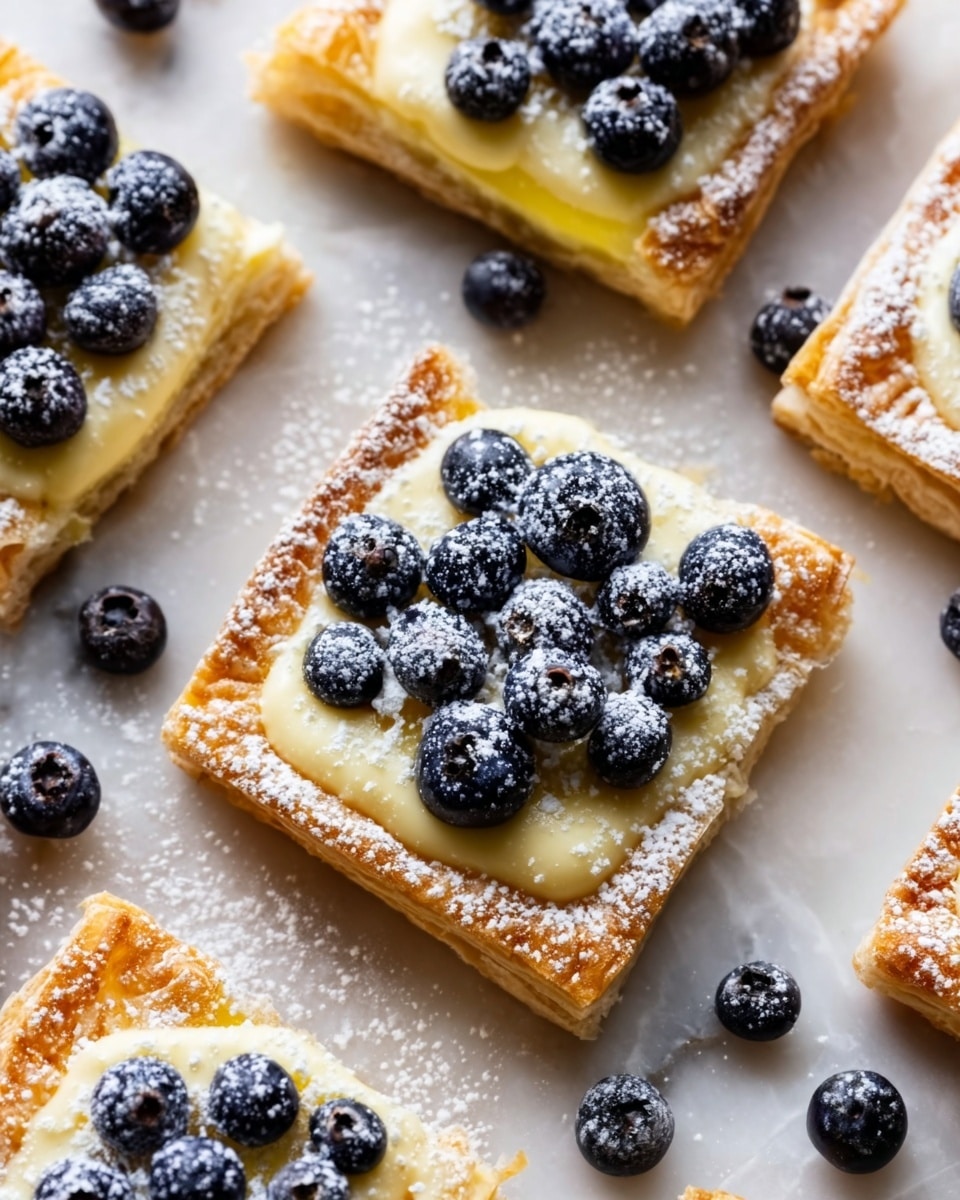 The image shows several square pastries on a white marbled surface, each with three distinct layers. The bottom layer is golden brown and flaky with a slightly crisp texture. On top of this is a creamy pale yellow custard spread evenly in a thick layer. The top layer is made up of fresh, plump blueberries, some clustered together, dusted lightly with powdered sugar giving a delicate snowy effect. The pastries are arranged casually across the surface, creating a cozy and inviting look. Photo taken with an iphone --ar 4:5 --v 7