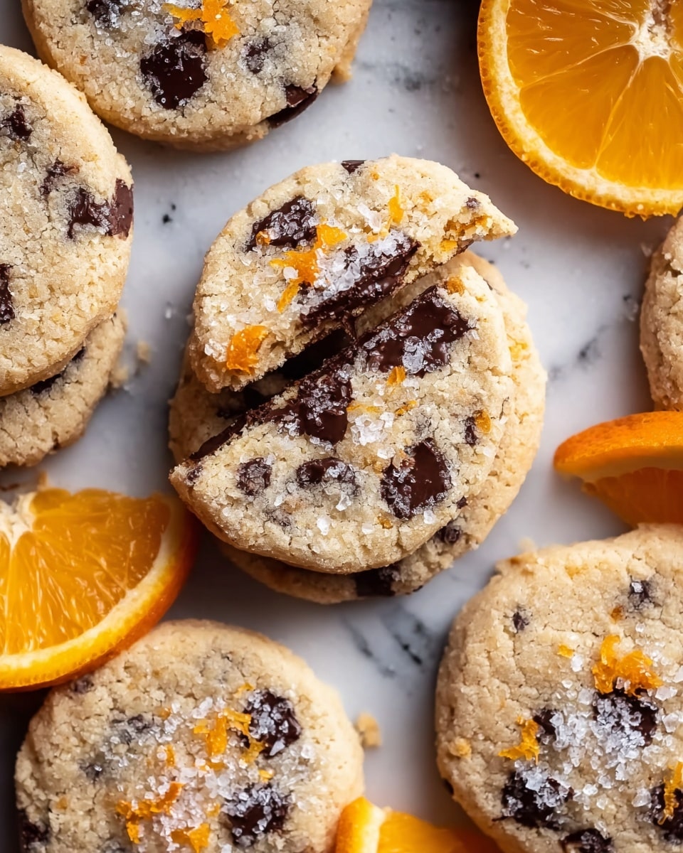 Several round cookies with light golden brown edges and a soft beige center sit on a white marbled textured surface. Each cookie is dotted with dark chocolate chunks and small bits of bright orange peel scattered on top and throughout. One cookie is broken in half and placed on top of another cookie at the center, showing its crumbly texture inside. Coarse sugar crystals sparkle lightly over all the cookies. Around the cookies are thin, round slices of fresh orange with a vibrant orange color. The photo taken with an iphone --ar 4:5 --v 7