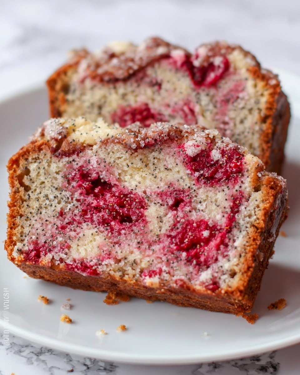 Two slices of a poppy seed and raspberry cake are on a white plate. The cake has three main layers: a light brown outer crust with a slightly rough texture, a pale pink and white inner area mixed with small dark poppy seeds, and bright red raspberry swirls scattered unevenly through the middle and top parts of each slice. The cake looks moist with a crumbly texture on the edges, and the raspberry pieces add a splash of color with their juicy, soft look. The background is a white marbled surface. photo taken with an iphone --ar 4:5 --v 7