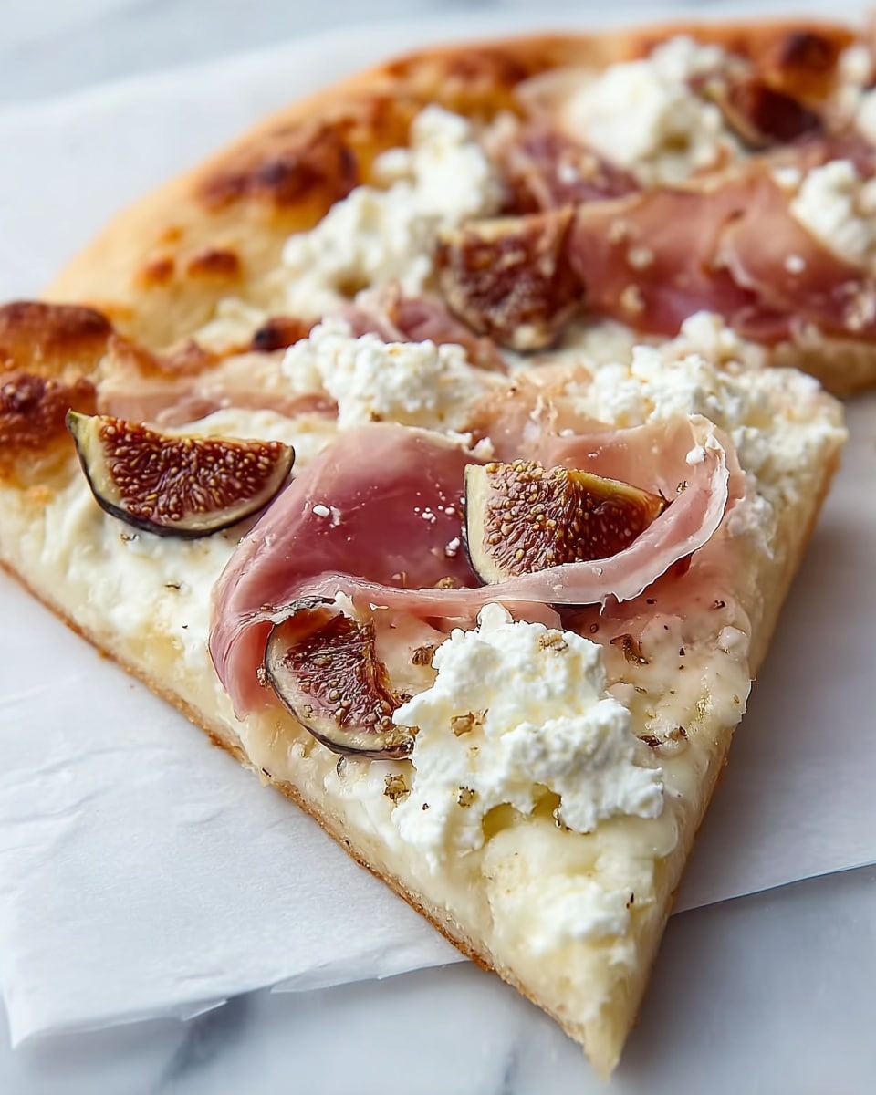 A close-up view of a pizza slice with three visible layers: the bottom layer is a thin, light golden-brown crust with a soft texture; the middle layer features melted white cheese spread evenly across the slice; the top layer includes spread pieces of creamy white ricotta cheese that are dolloped in small clumps, thin slices of pinkish prosciutto gently draped, and dark brown fig slices with visible seeds that add texture and color contrast. The slice rests on a white marbled surface with parchment paper underneath. Photo taken with an iphone --ar 4:5 --v 7