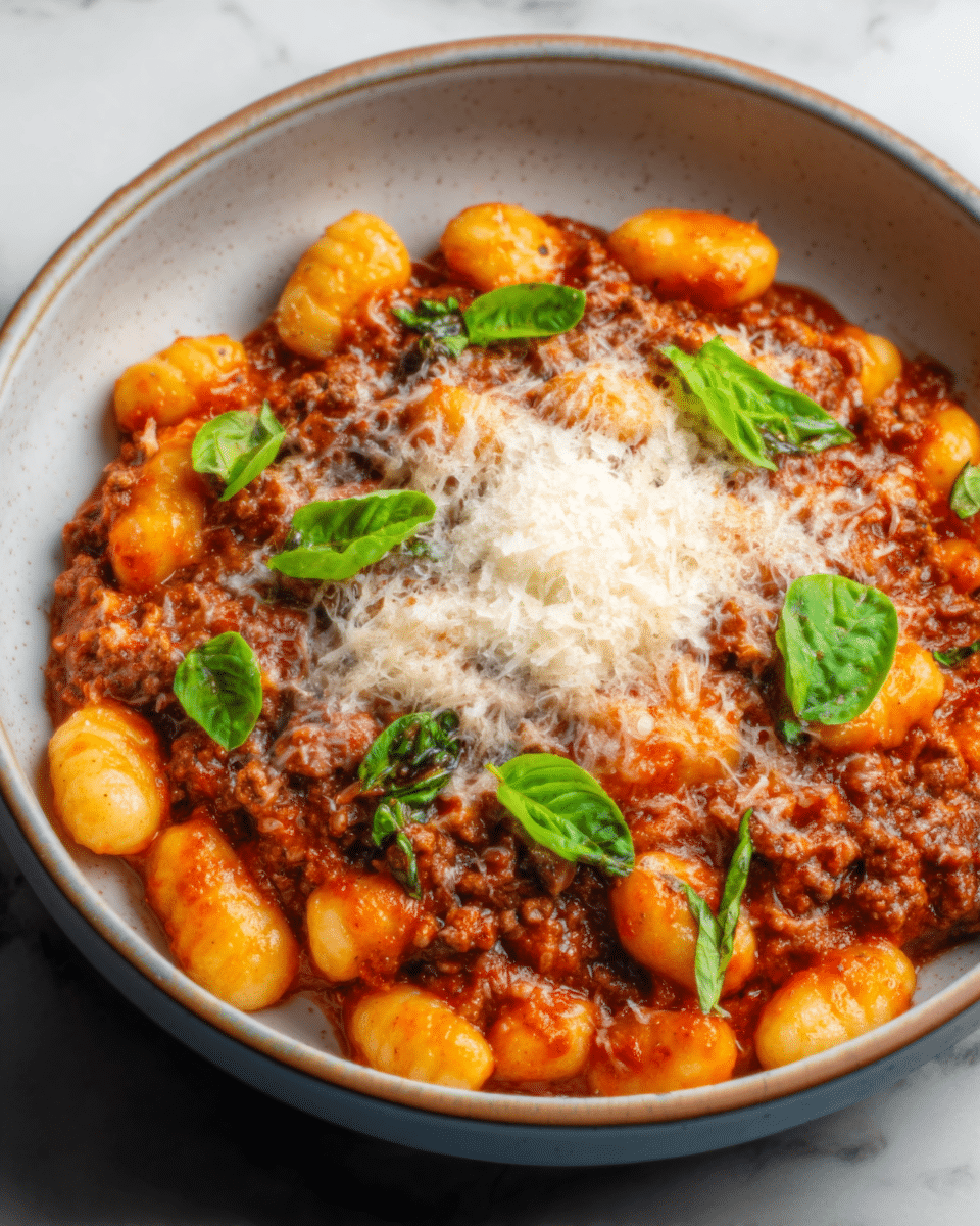 A white bowl filled with soft, round gnocchi covered in thick red tomato sauce mixed with browned ground meat. On top, there is a generous layer of grated white cheese melting slightly into the sauce. Small fresh green basil leaves are scattered over the cheese, adding a fresh touch. The bowl is placed on a white marbled surface, and the food looks warm and inviting. photo taken with an iphone --ar 4:5 --v 7