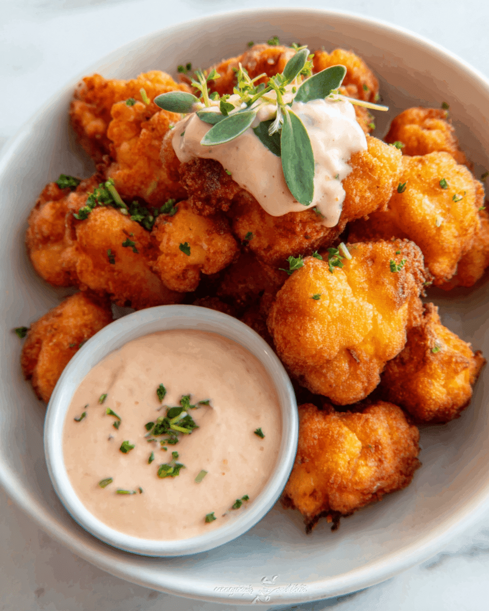 A white bowl filled with golden brown, crispy fried cauliflower pieces. On top of the cauliflower is a dollop of creamy, light pink sauce with green herb leaves for garnish. Next to the cauliflower is a small white bowl filled with the same light pink sauce, also decorated with tiny green herb leaves. The bowl sits on a white marbled surface. Photo taken with an iphone --ar 4:5 --v 7