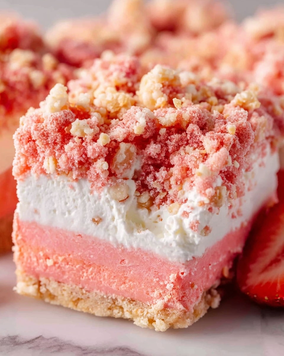The image shows a close-up of a square dessert with three layers, placed on a white marbled surface. The bottom layer is a pink, smooth textured cake or jelly. The middle layer is white and fluffy, resembling whipped cream or a creamy mousse. The top layer is a pink crumbly topping made of small, uneven pieces, some of which look like crunchy nuts or cookie crumbs. A bite is taken from the top piece, showing the thickness of each layer clearly. Bright lighting highlights the soft and crumbly textures, with a small part of a sliced strawberry visible at the corner. Photo taken with an iphone --ar 4:5 --v 7