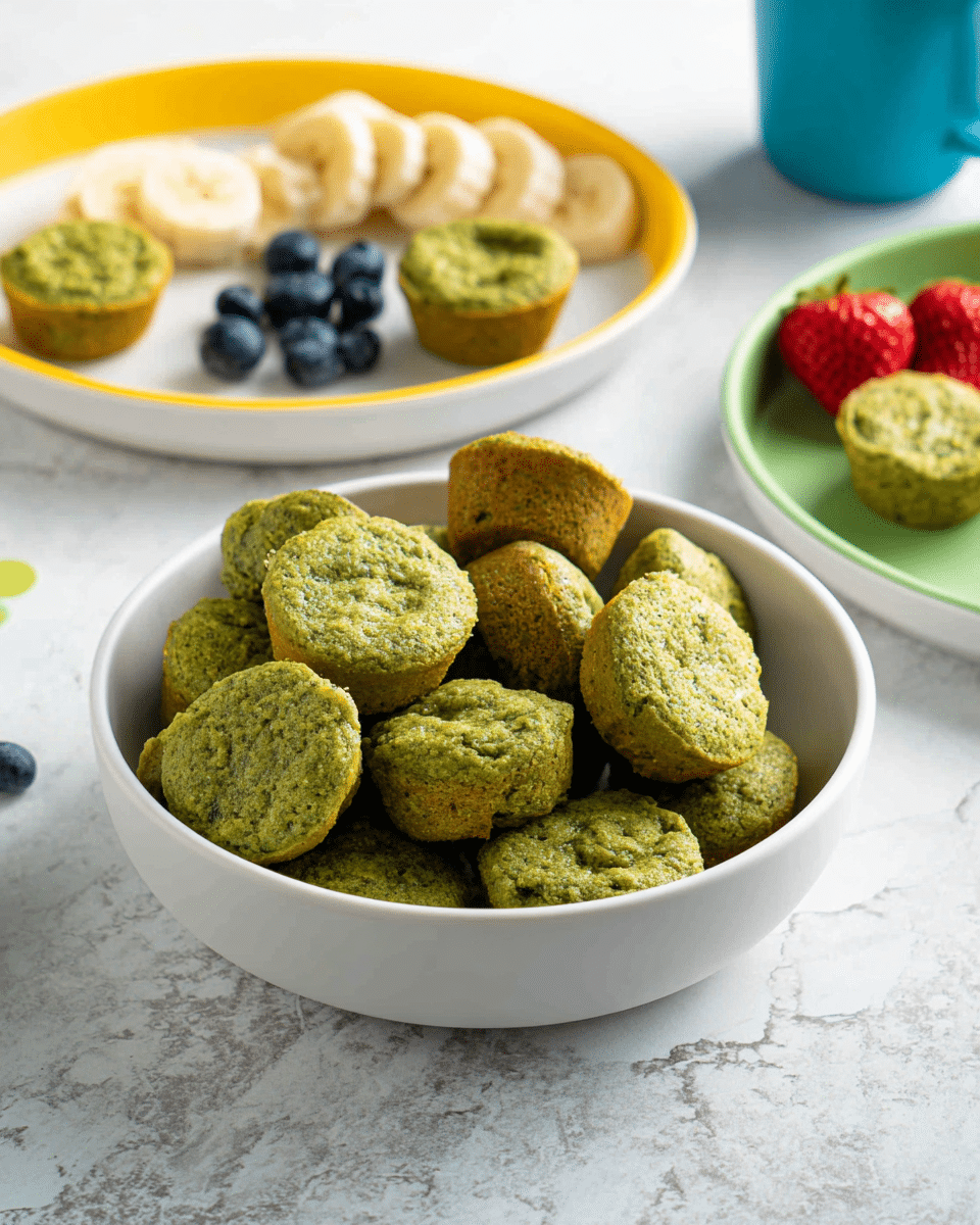 A white bowl filled with many small green muffins that have a rough, slightly crumbly texture, arranged so some muffins show their rounded tops and others show their flat bottoms. Behind the bowl, there are two plates: one white plate with a yellow inner part holding sliced bananas, blueberries, and two green muffins, and another white plate with a green inner part holding a half-eaten red strawberry and one green muffin. The surface under the items is a white marbled texture. The scene is bright with natural light and a blue cup is blurred in the background. Photo taken with an iphone --ar 4:5 --v 7